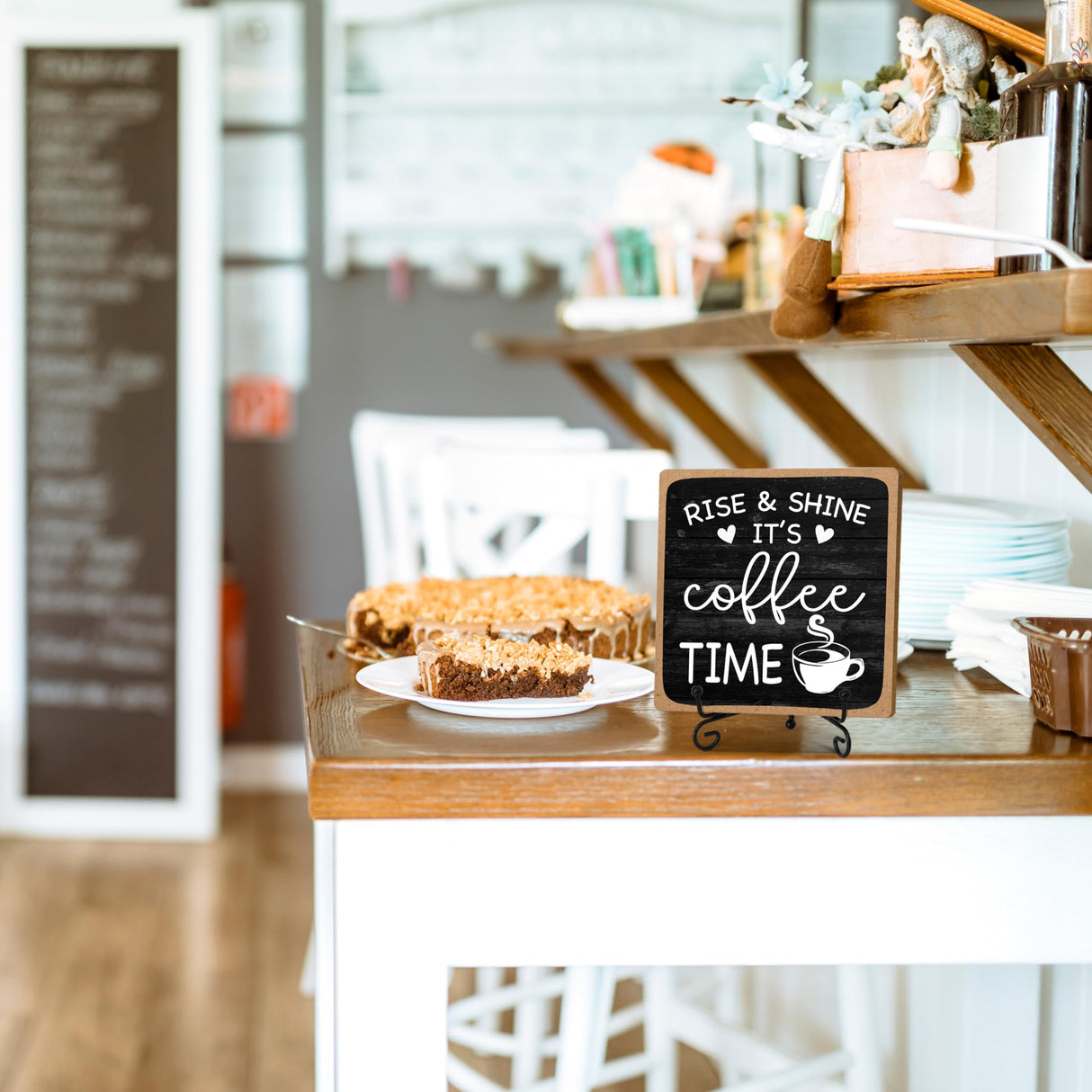 Farmhouse Coffee Bar Sign, Rise & Shine It's Coffee Time, 5"x5" Wood Plaque with Stand Gift for Home Kitchen Tabletop Decor -B09 YQV