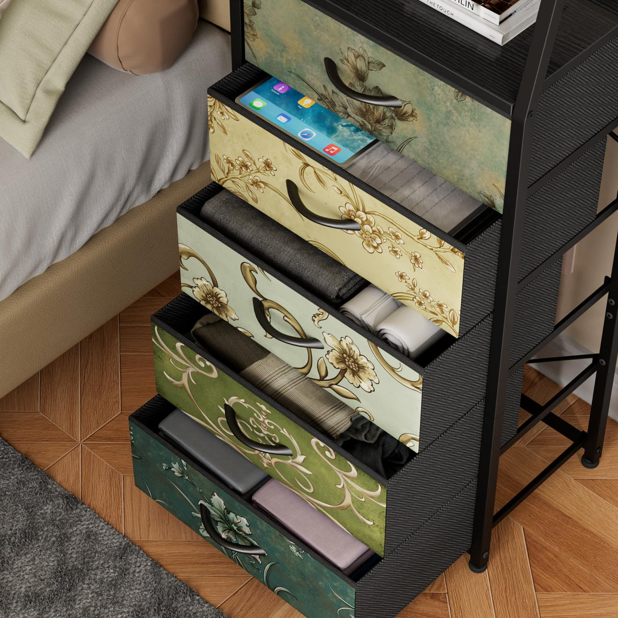 Furnulem Retro 5 Drawers Dresser, Tall Dressers for Bedroom, Closet, Hallway, Nursery, Fabric Storage Tower Organizer, Vertical Nightstand Side Table Furniture, Steel Frame, Wood Top Furnulem