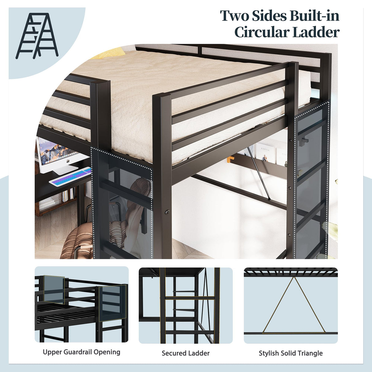 SUNLEI Loft Bed Twin Size with Desk and Safety Guard Rail, Twin Size Metal Bed Frame with Double Layer Shelves for Storage, No Box Spring 2 Security Ladders, Midnight Black SUNLEI