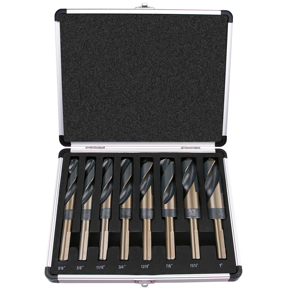 EFFICERE 8-Piece Premium 1/2” Reduced Shank Silver and Deming Large Drill Bit Set in Aluminum Carry Case, M2 High Speed Steel, 135-Degree Split Point | SAE Inch Size 9/16” - 1” by 1/16th Increment EFFICERE