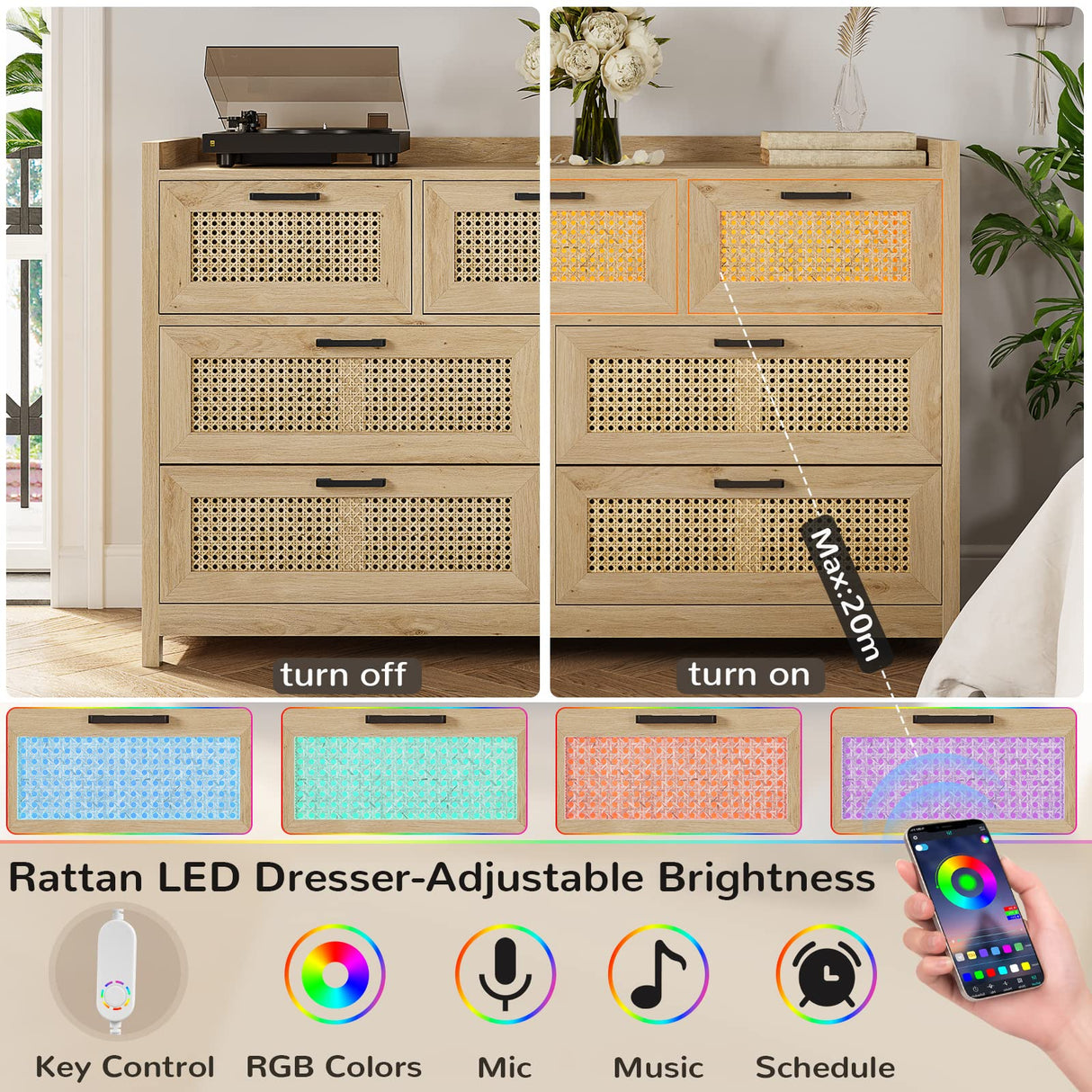 Rattan Dresser for Bedroom with LED Lights, Modern Drawer Dresser with Metal Handles, Wood Storage Chest of Drawers Dresser for Closet, Bedroom, Living Room, Hallway MSmask