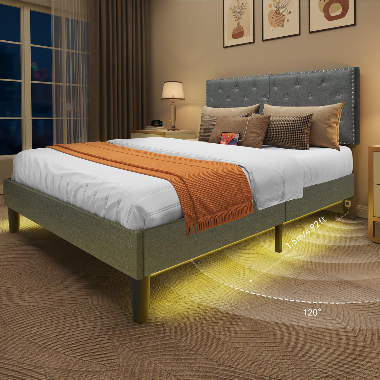 YITAHOME Queen Size LED Bed Frame with Adjustable Diamond Headboard & USB Ports in Grey YITAHOME