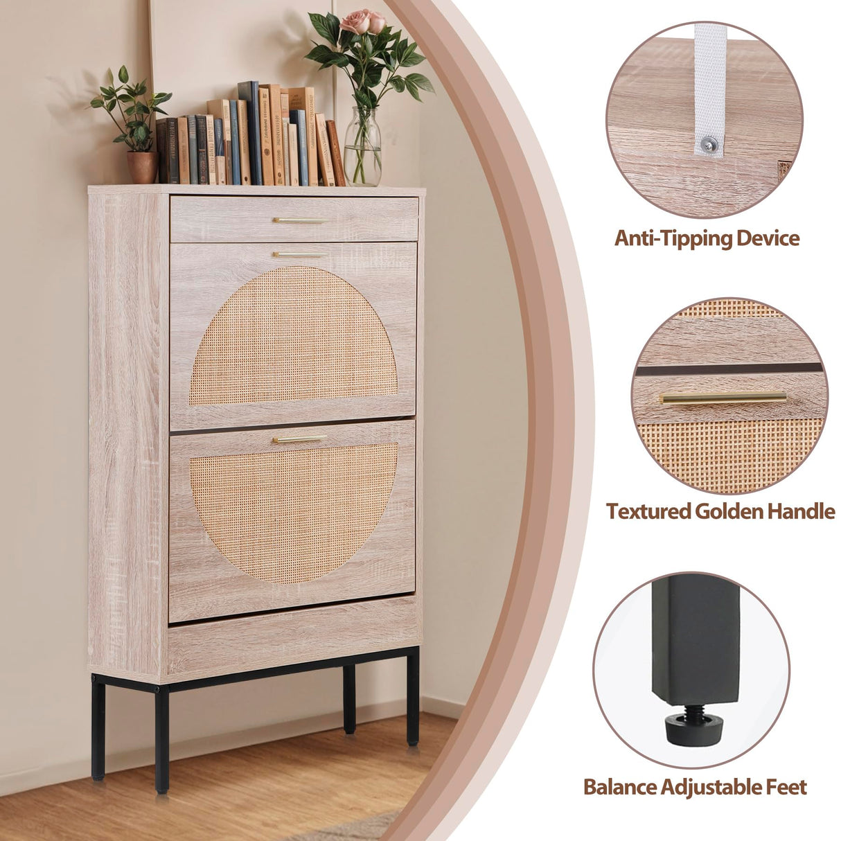 Nouva Rattan Shoe Cabinet - Freestanding Shoe Storage w/ 2 Flip Drawers & 1 Drawer, Narrow Shoe Organizer Rack for Entryway, Living Room Nouva