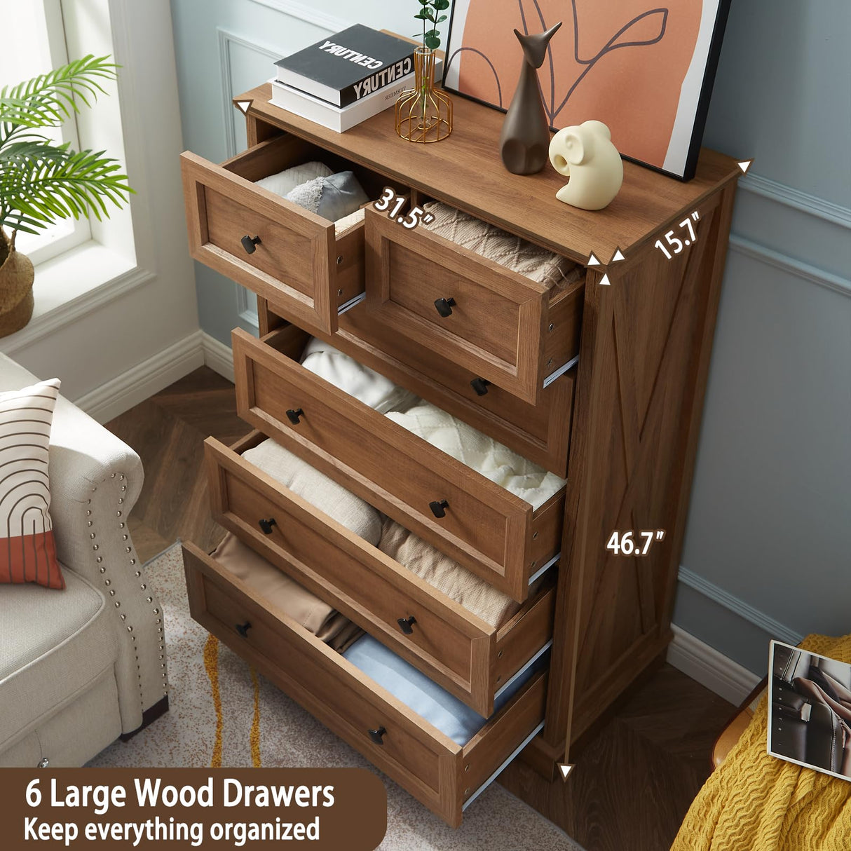 FFBCFDK Farmhouse 6 Drawers Dresser Chests for Bedroom, Rustic 6 Chest of Drawers, Wood Dressers Organizer for Closet, Modern Storage Organizer Cabinet for Living Room, Hallway, Entryway, Natural Oak FFBCFDK