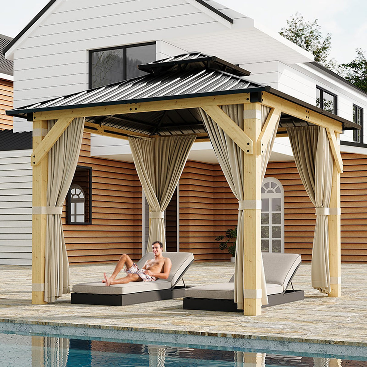 HarmonyHealth 10 x 10 Ft Wood Gazebo, Upgrade Wooden Frame, Double Galvanized Steel Roof, Hardtop Gazebo With Nettings And Curtains For Backyard, Patio, Garden And Lawn,Khaki HarmonyHealth