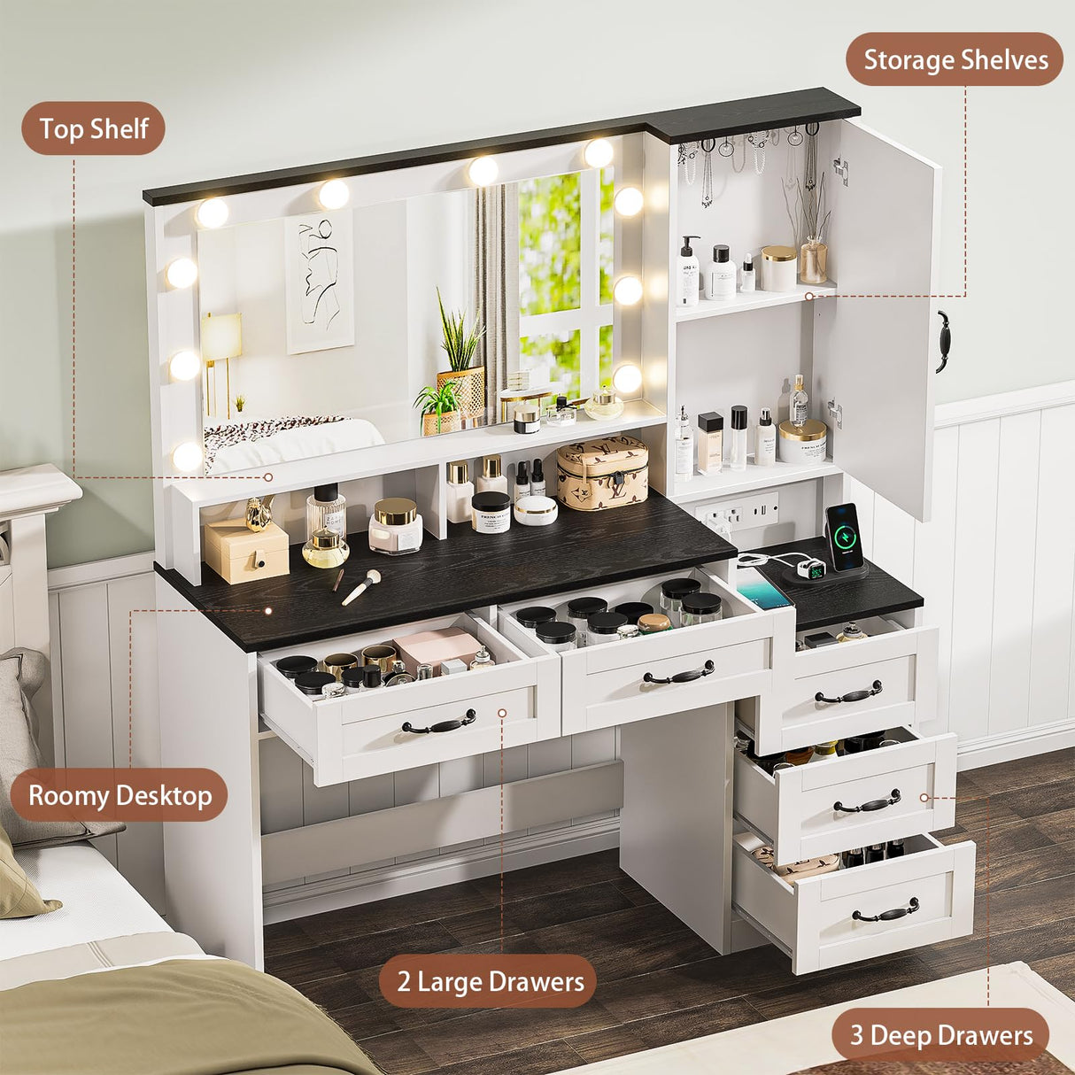 DDONGMM Farmhouse Vanity Desk Makeup Table with Mirror and 10 Lights, 45.3" Large Vanity Desk with Power Outlet, 5 Drawers, 1 Cabinet & 9 Jewelry Hooks, Dressing Table for Women Girls White & Black DDONGMM