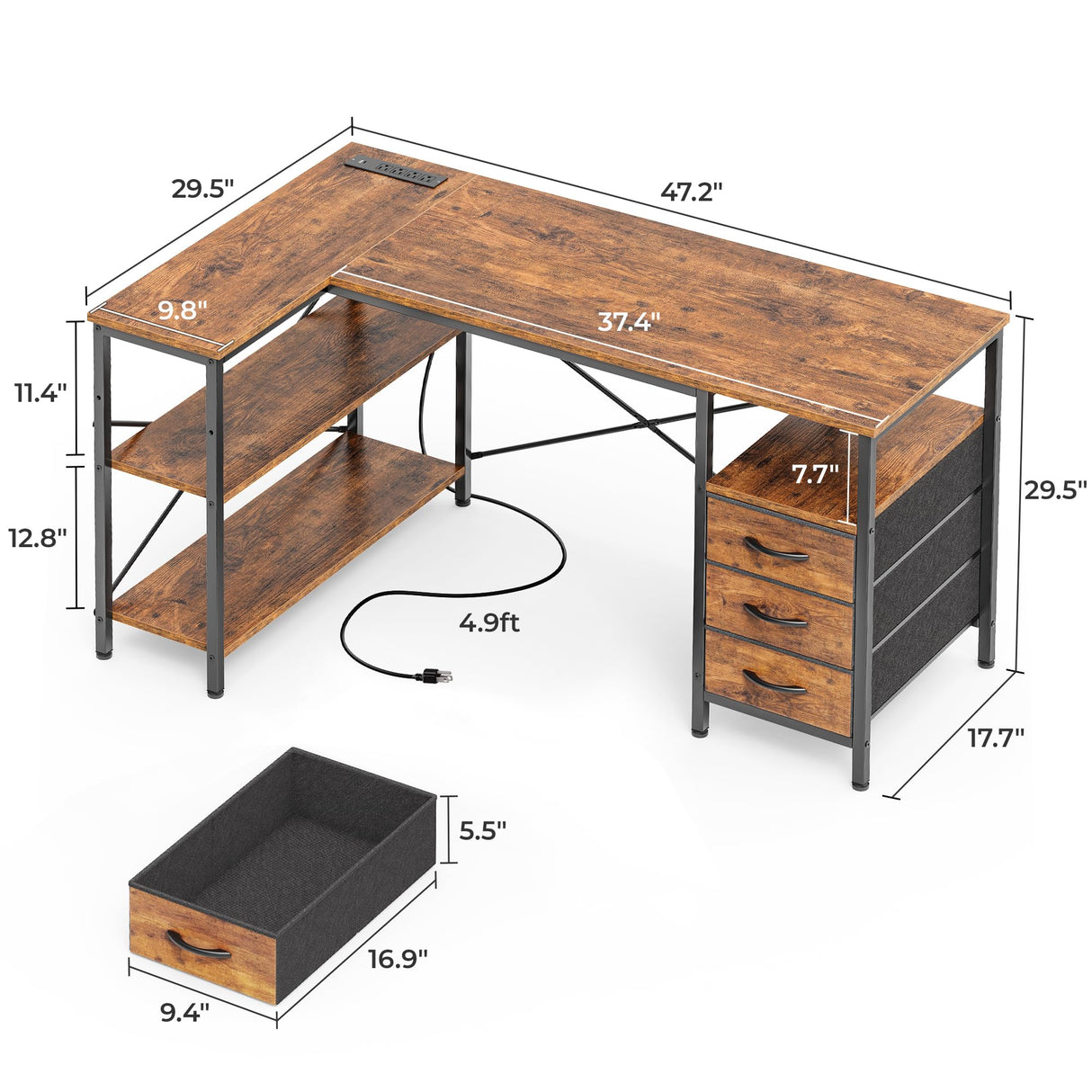 Huuger L Shaped Desk with Power Outlets, Computer Desk with 3 Drawers, 47 Inch Office Desk with Shelves, Gaming Desk, Corner Desk Work Desk for Home Office, Study, Rustic Brown Huuger