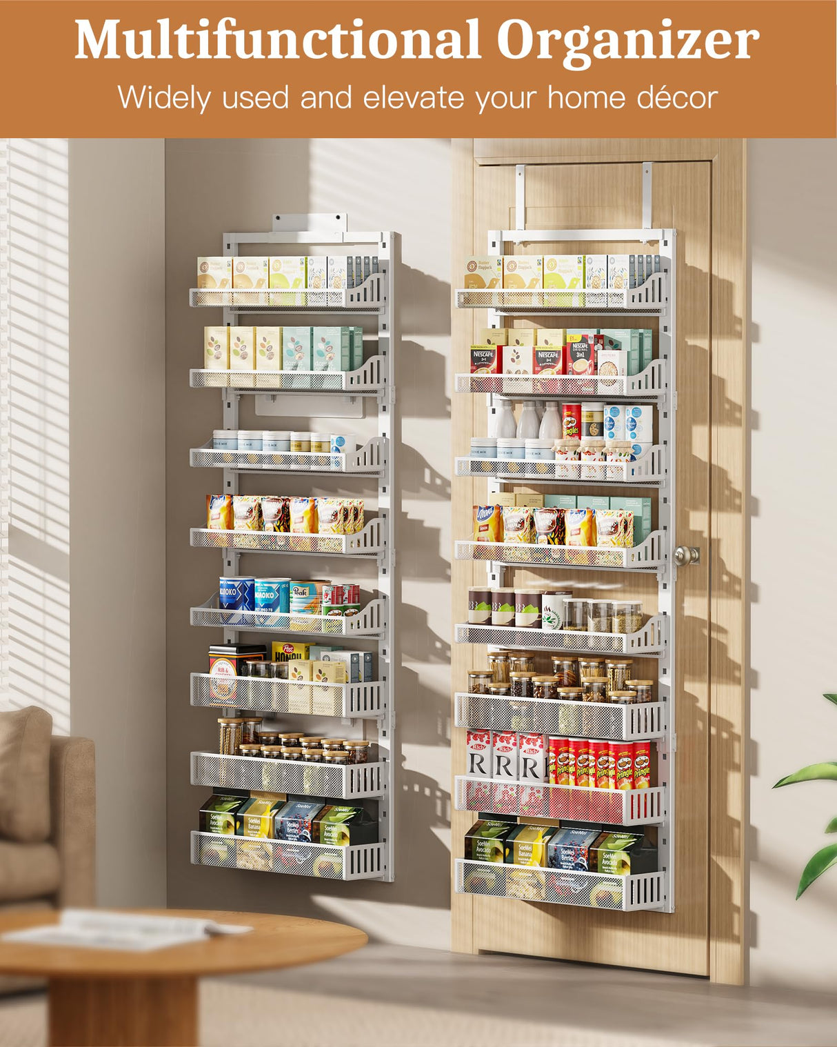 Over the Door Pantry Organizer 8-Tier, Large Metal Door Spice Rack with Adjustable Basket, 2 in 1 Wall Mount or Hanging Heavy-Duty Pantry Door Storage Shelf for Kitchen and Bathroom, White POKIPO