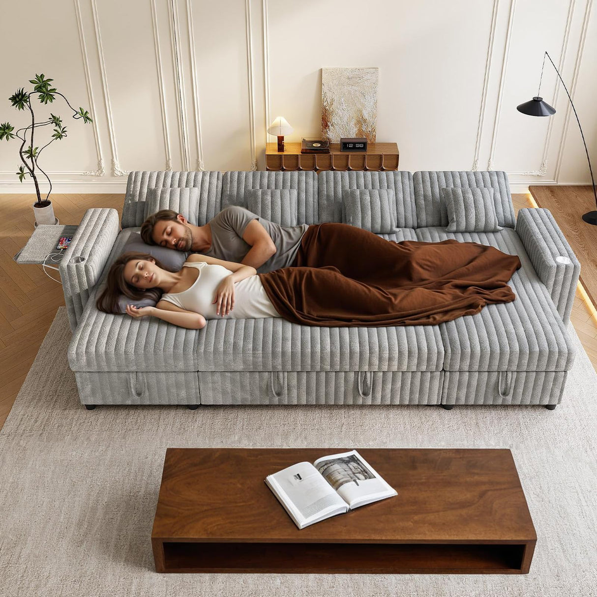 Sleeper Sectional Sofa, 122" Modern U Shaped Couch with Pull Out Bed, Convertible Corduroy Cloud Sofa with Double Storage Chaise, USB, Small Desktop, Comfy Modular Couch for Living Room, Light Grey ZHCREAL