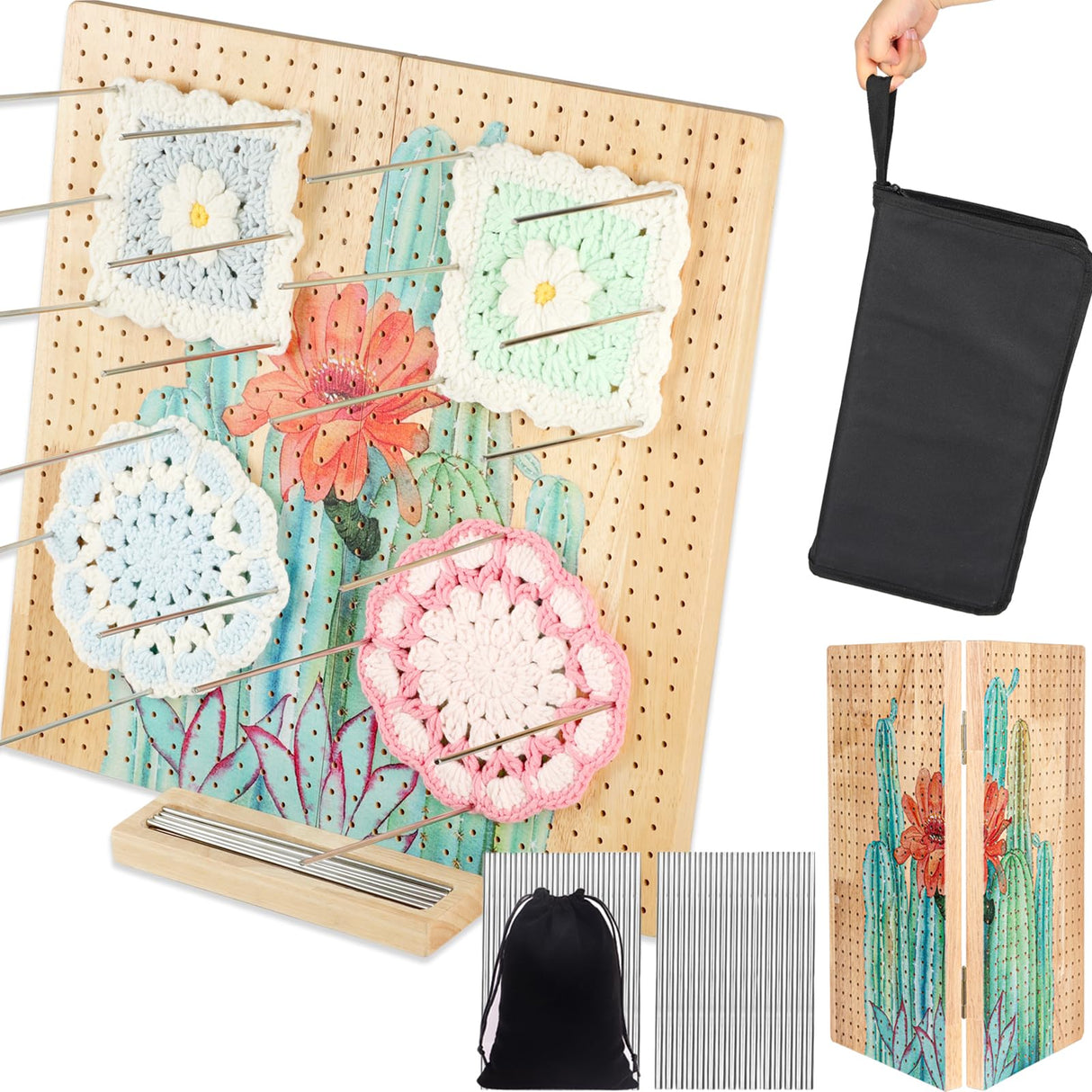 Svartur 15" Foldable Crochet Blocking Board with Pegs & Storage Pouch, Large Granny Square Blocking Board for Crocheting, Wooden Knitting Blocking Mat for Wet Blocking Crochet and Knit Squares Svartur