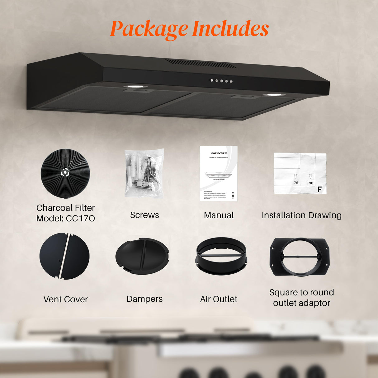 FIREGAS Black Range Hood 30 Inch Under Cabinet, Ducted/Ductless Convertible Kitchen Hood, 300 CFM, 3 Speed Exhaust Fan, Brushless DC Motor, Stove Hood Vents for Kitchen with LED Lights FIREGAS