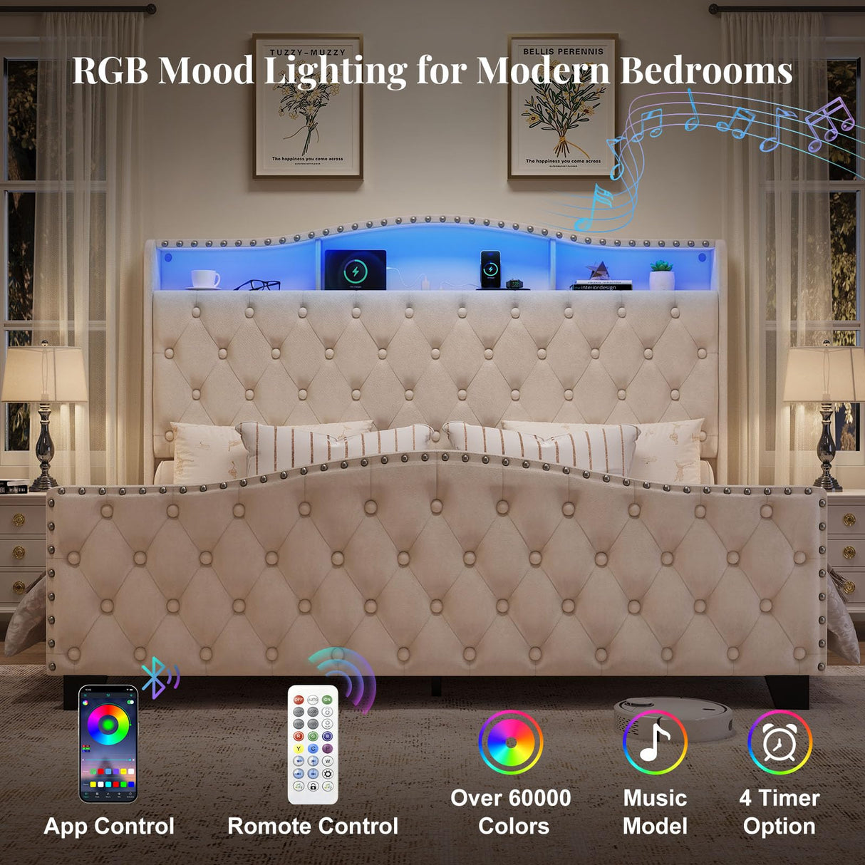 Belffin King Size Bed Frame and Headboard, 50.9" Velvet Upholstered Wingback Bedframe with LED Lights & Storage/Charging Station, Button Tufted Tall Footboard, No Box Spring Needed, Noise-Free, Beige Belffin