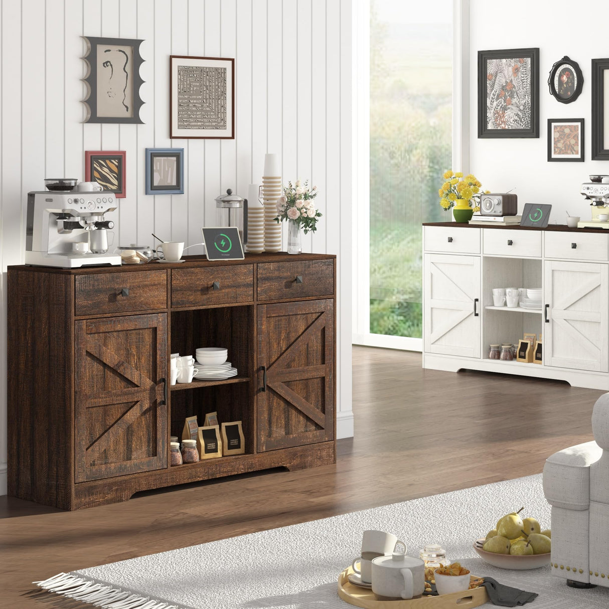 Hlivelood Farmhouse Coffee Bar Cabinet, 54" Kitchen Buffet Storage Cabinet with Drawers & Barn Doors, Sideboard Buffet Cabinet Coffee Bar for Dining Room, Living Room, Antique White Hlivelood