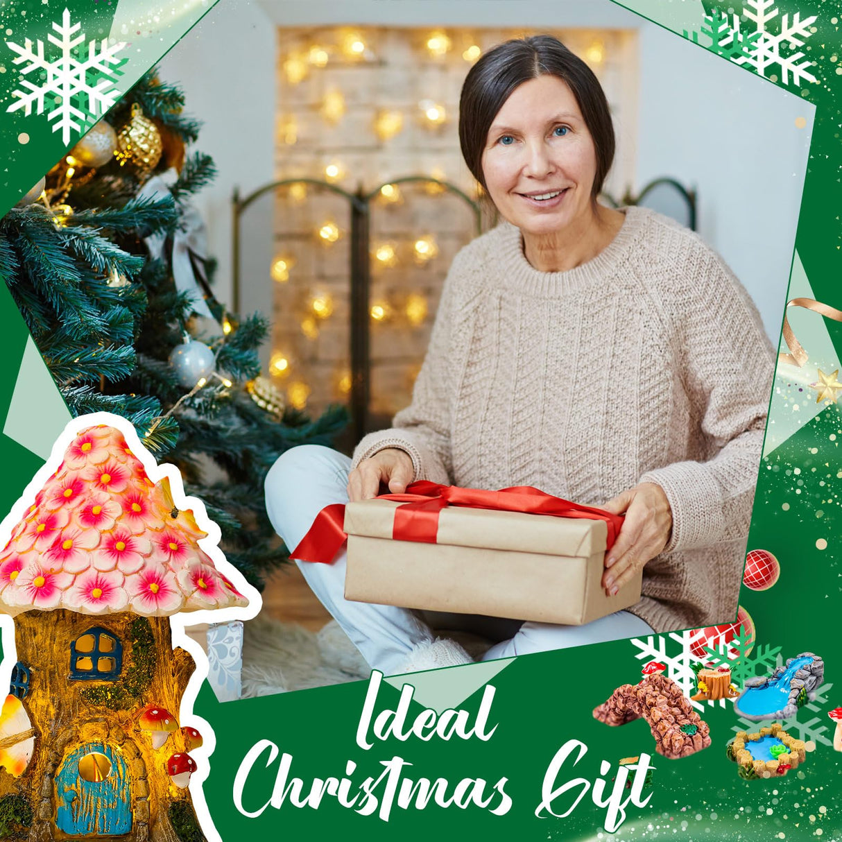 Poen 8'' Solar Light up Fairy House Garden 6-8 Fairy Figures Garden Accessories Kit Animals Doll House Decor Outdoor Micro Landscape Ornaments(Pink) Poen