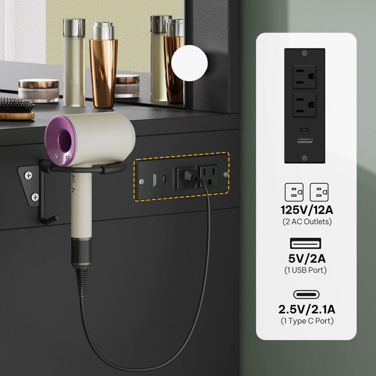 DWVO Vanity Desk with Mirror, Large Makeup Table with Power Outlets, 11 LED Bulbs, 3 Adjustable Light Modes, 4 Drawers and Built-in Shelves, Hollywood Dressing Vanity Desk Set for Bedroom, Black DWVO