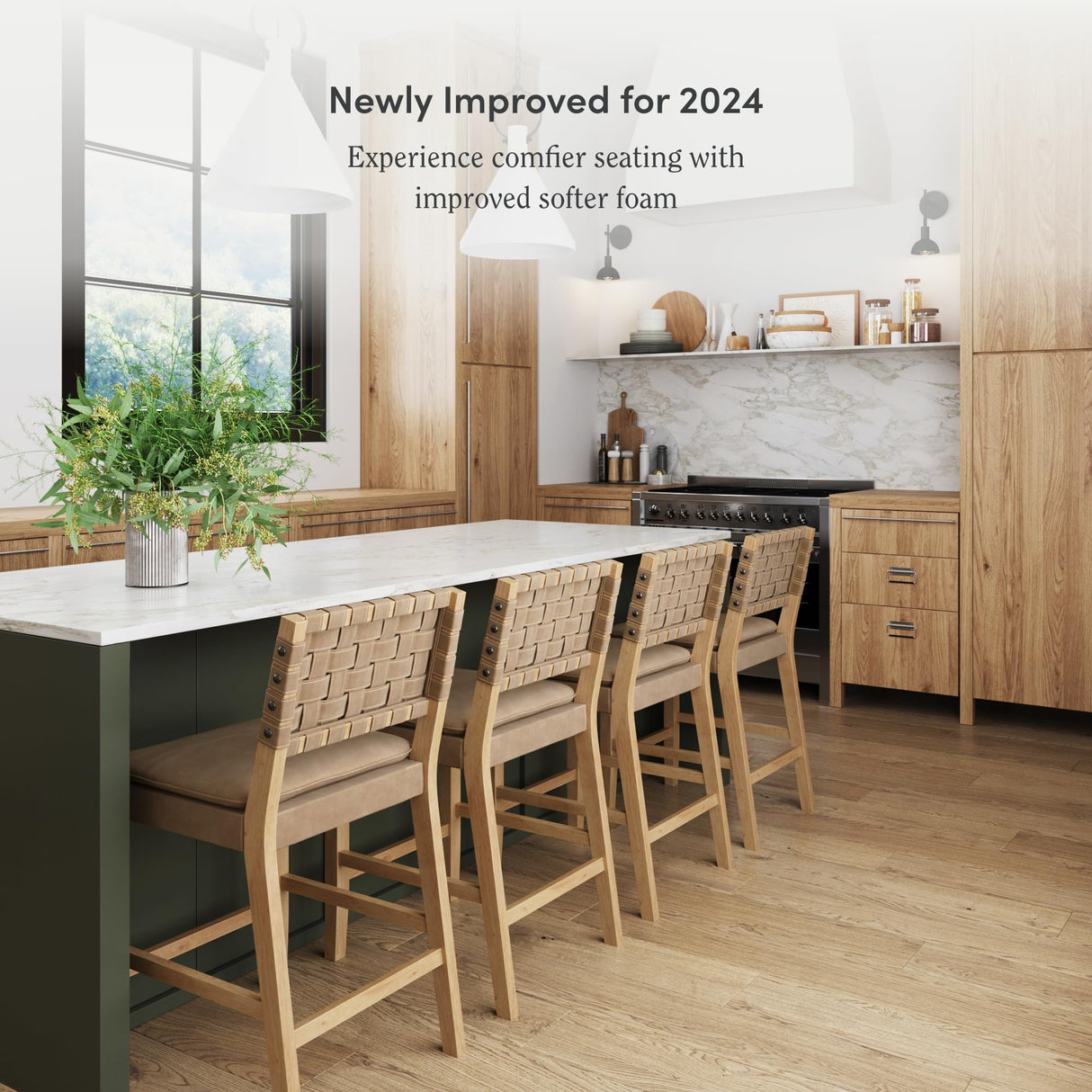 Nathan James Cohen Mid-Century Modern Leather Bar Stool, Counter Height Chair in Solid Wood Frame with Footrest and Woven Leather Back for Kitchen, Natural Brown, 1 count, Barstool - 24" Nathan James