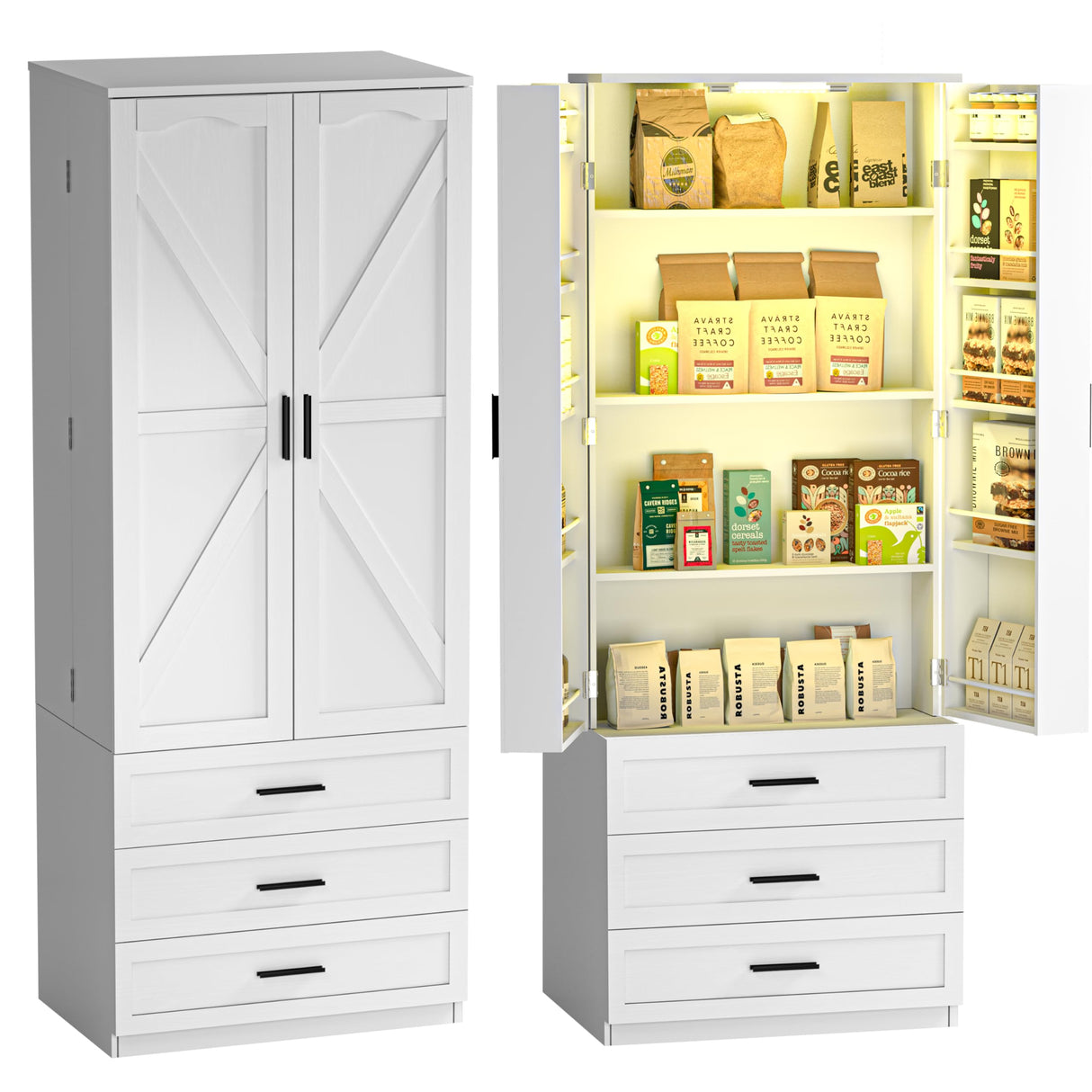 FJTJBSI 72" LED Kitchen Pantry Cabinet with 3 Drawers Farmhouse Tall Storage Cabinet Wood Food Pantry with Barn Doors and Adjustable Shelves Versatile Storage Freestanding Cupboard for Kitchen FJTJBSI