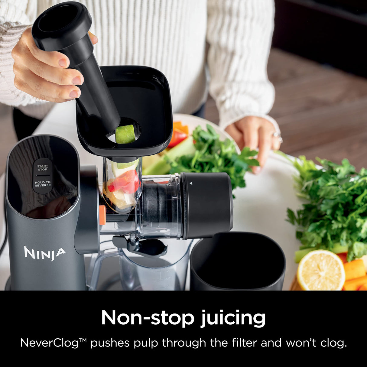 Ninja JC151 NeverClog Cold Press Juicer, Powerful Slow Juicer with Total Pulp Control, Countertop, Electric, 2 Pulp Functions, Dishwasher Safe, 2nd Generation, Charcoal Ninja