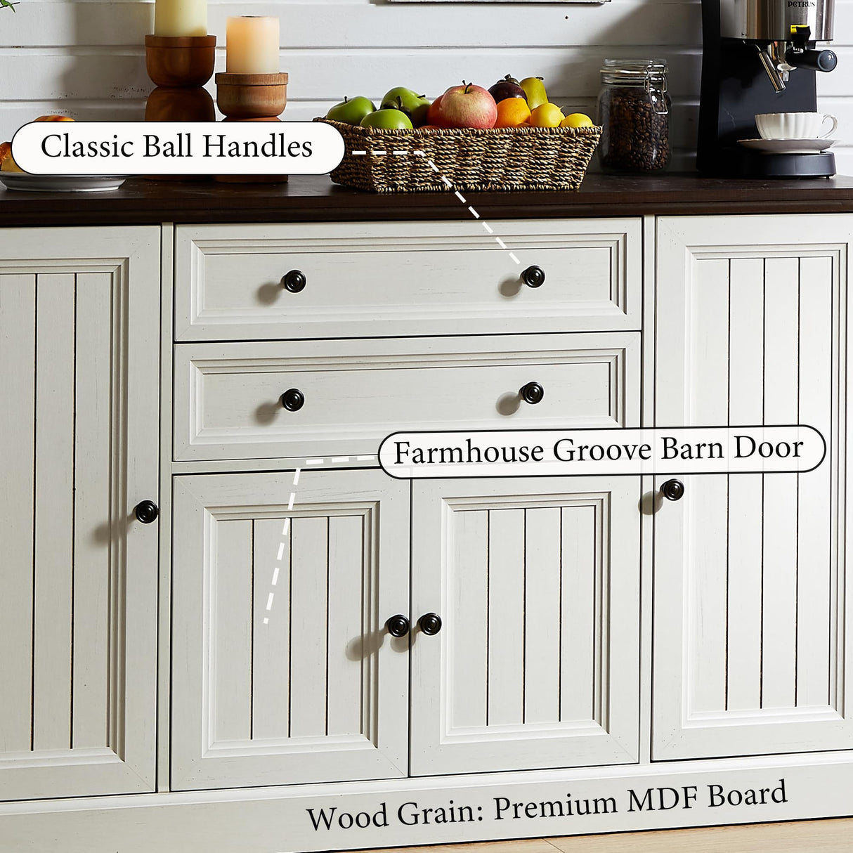 IFGET Farmhouse Sideboard Buffet Cabinet with Storage, 58'' Large Coffee Bar Stroage Cabinet with 2 Drawers and 4 Doors, Wood Rustic Accent Cabinet for Dinning Room, Hallway, and Living Room, Whtie IFGET