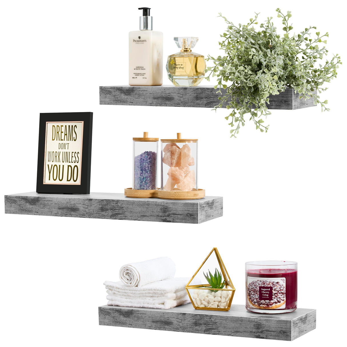 Sorbus Floating Shelves for Wall, Bathroom Shelves Wall Mounted for Kitchen, Bedroom, Bathroom Storage Over Toilet, 16 Inch Hanging Book Shelf for Wall Home Decor Living Room, 3 Pack Grey Sorbus