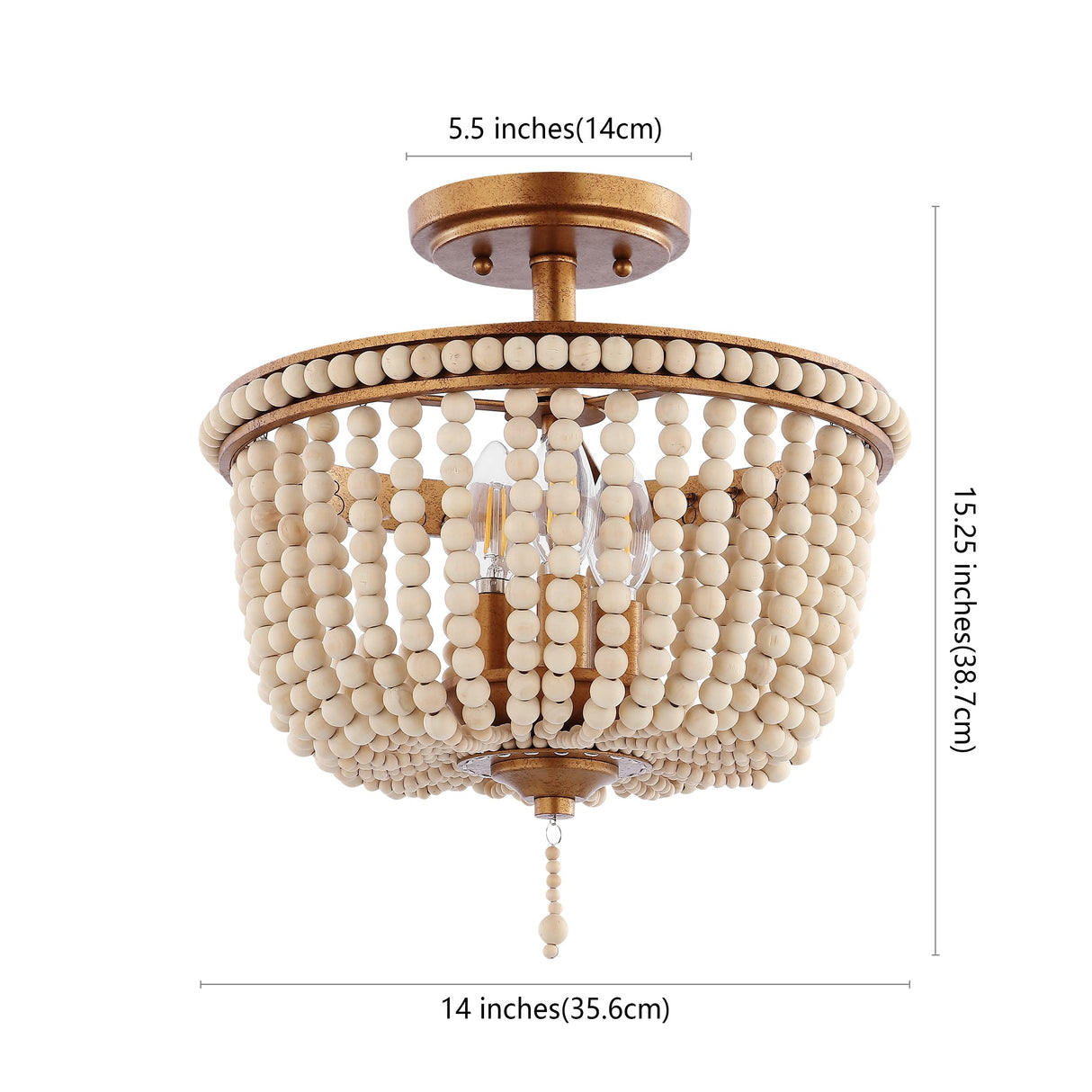 JONATHAN Y JYL9020C Allie 14" 3-Light Bohemian Farmhouse Wood Bead/Iron LED Semi Flush Mount Transitional Rustic Kitchen Hallway Bathroom Bedroom Entryway Foyer, Antique Gold/Light Taupe JONATHAN Y