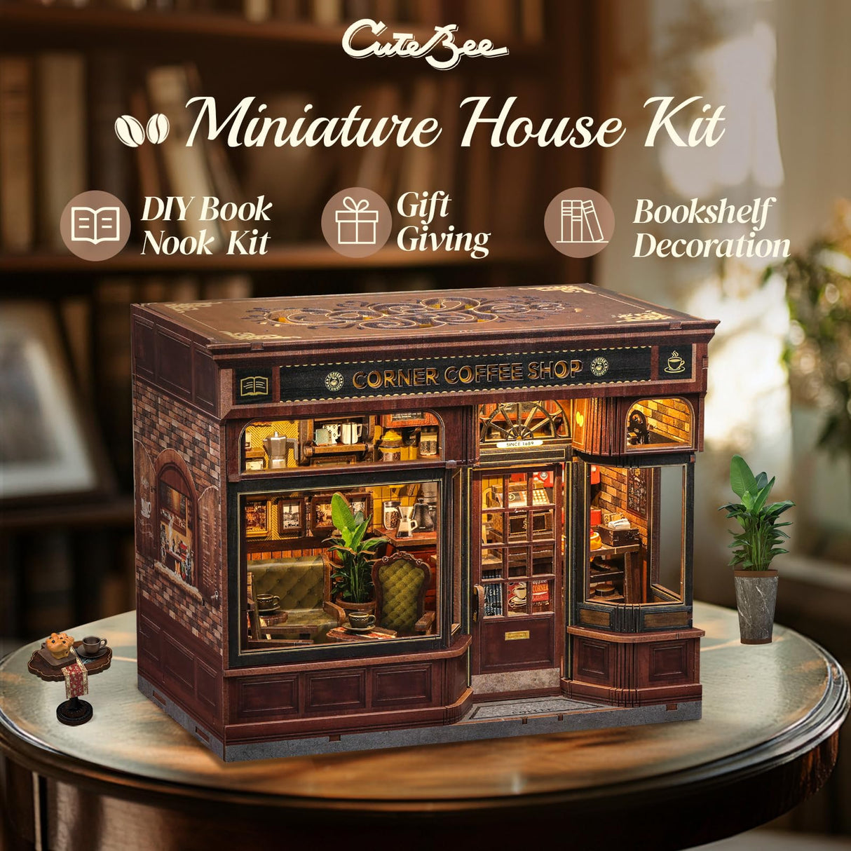 CUTEBEE Book Nook Kit - DIY Miniature House Coffee Shop Dollhouse Kit for Adults and Teens, Booknook Tiny House Bookshelf Decor 3D Wooden Puzzle, Gifts for Family, Friends (Corner Coffee Shop) CUTEBEE