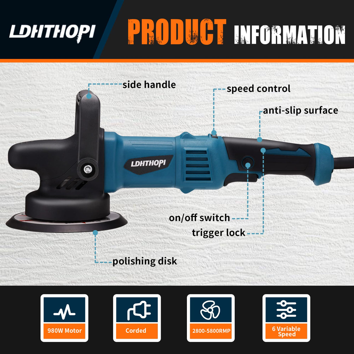 LDHTHOPI Dual Action Polisher, 980W 5/6 Inch Random Orbital Buffer Polisher for Car Detailing, 2800-5800RMP, 6 Variable Speed Buffer Polisher with 8 Detachable Pads LDHTHOPI