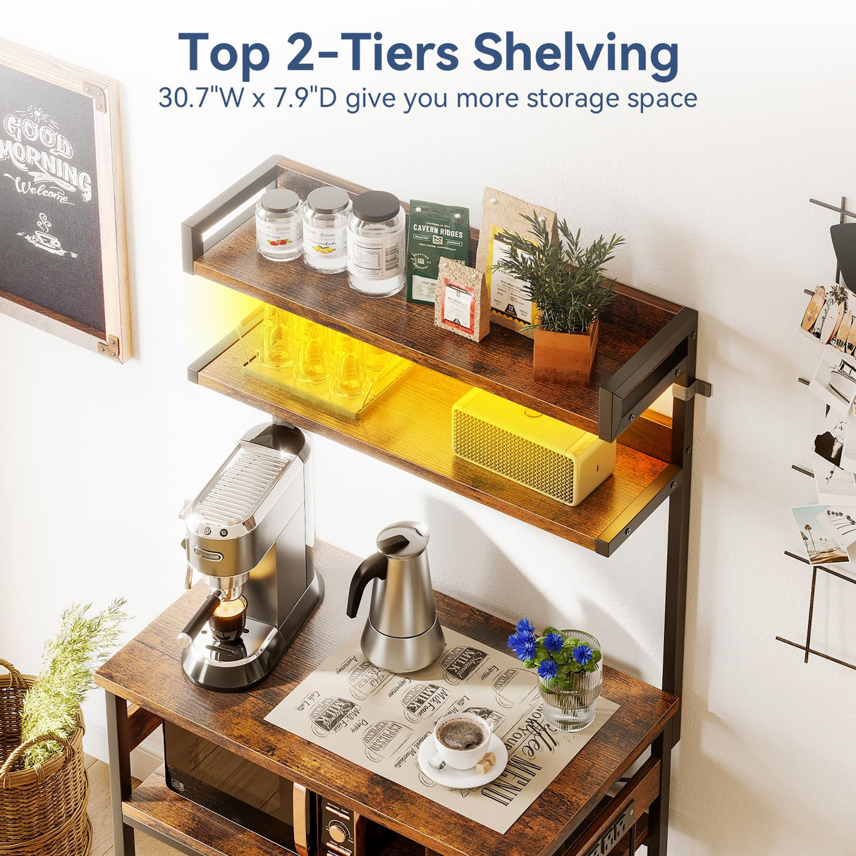 Casaottima Bakers Rack with Power Outlet & LED Lights, Coffee Bar with Storage 5-Tiers, Microwave Stand Kitchen Shelf 16.5 * 31.5 * 59 inches, Kitchen Coffee Rack, Rustic Brown Casaottima