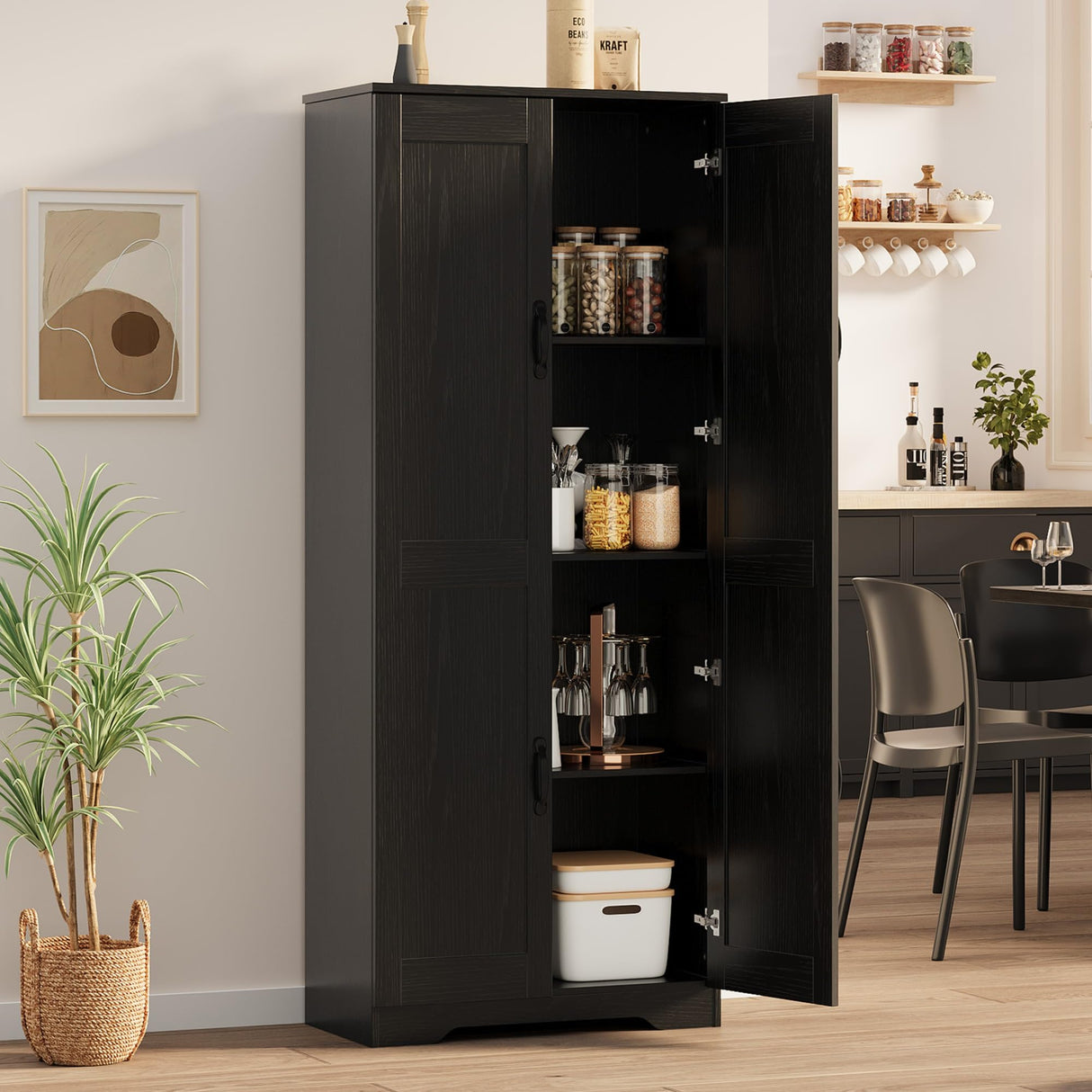 IDEALHOUSE Tall Pantry Cabinet, 60" Kitchen Pantry Storage Cabinet with 2 Doors and Adjustable Shelves, Freestanding Kitchen Cabinet, Cupboard for Dining Room, Bathroom, Living Room, Black IDEALHOUSE
