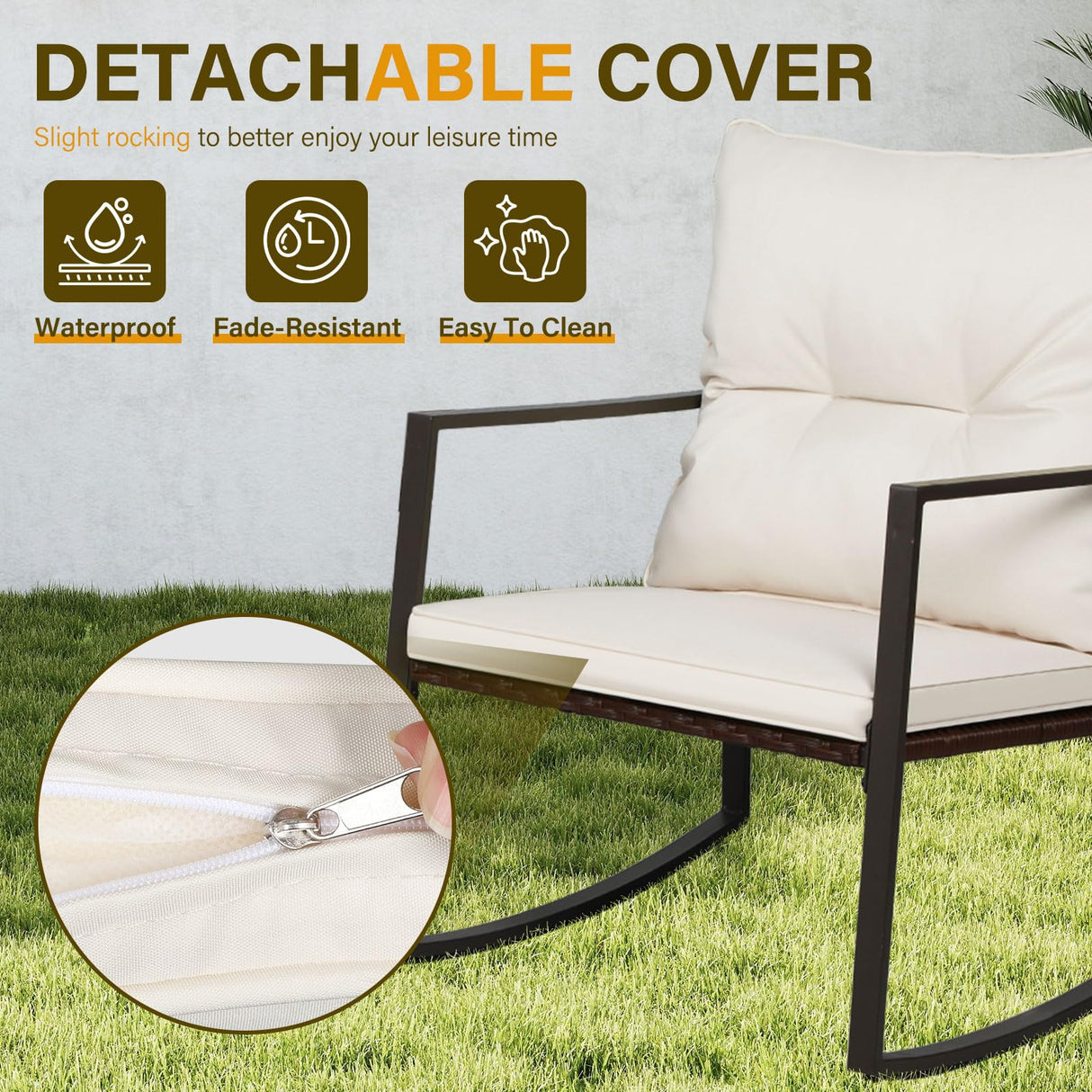 SUNCROWN 3-Piece Patio Bistro Set Outdoor Rocking Chairs Set Brown Wicker Porch Chairs with Glass Coffee Table, Beige Cushion SUNCROWN