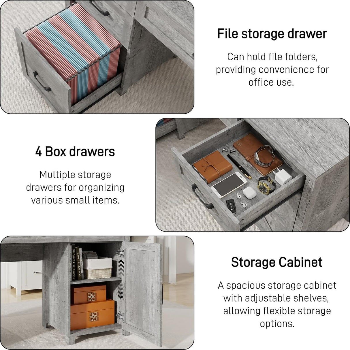 Farmhouse 61'' Executive Desk with 5 Drawers, Rustic Office Desk Computer Desk with Charging Station, File Drawers and Storage Cabinet, Wood Workstation for Home Office and Study,Grey. Vabches