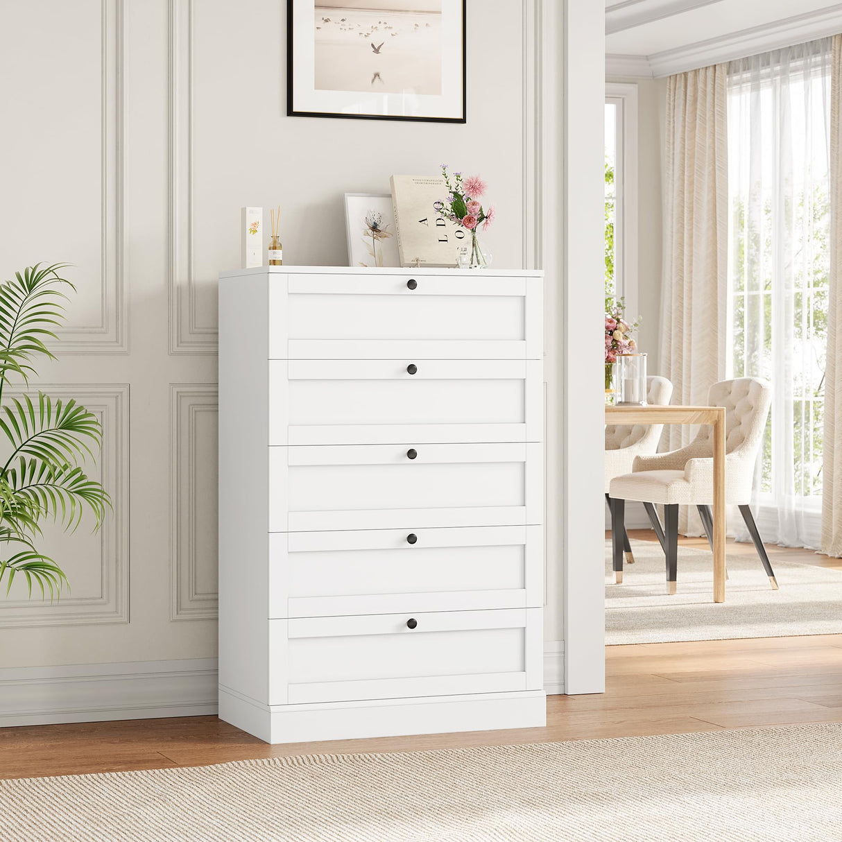 HOSTACK 5 Drawer Dresser for Bedroom, 43.7" Tall Dresser & Chest of Drawers, 29" W Drawer Chest with Metal Handles, Wood Vertical Dresser Storage Cabinet for Living Room, Hallway, Entryway, White HOSTACK