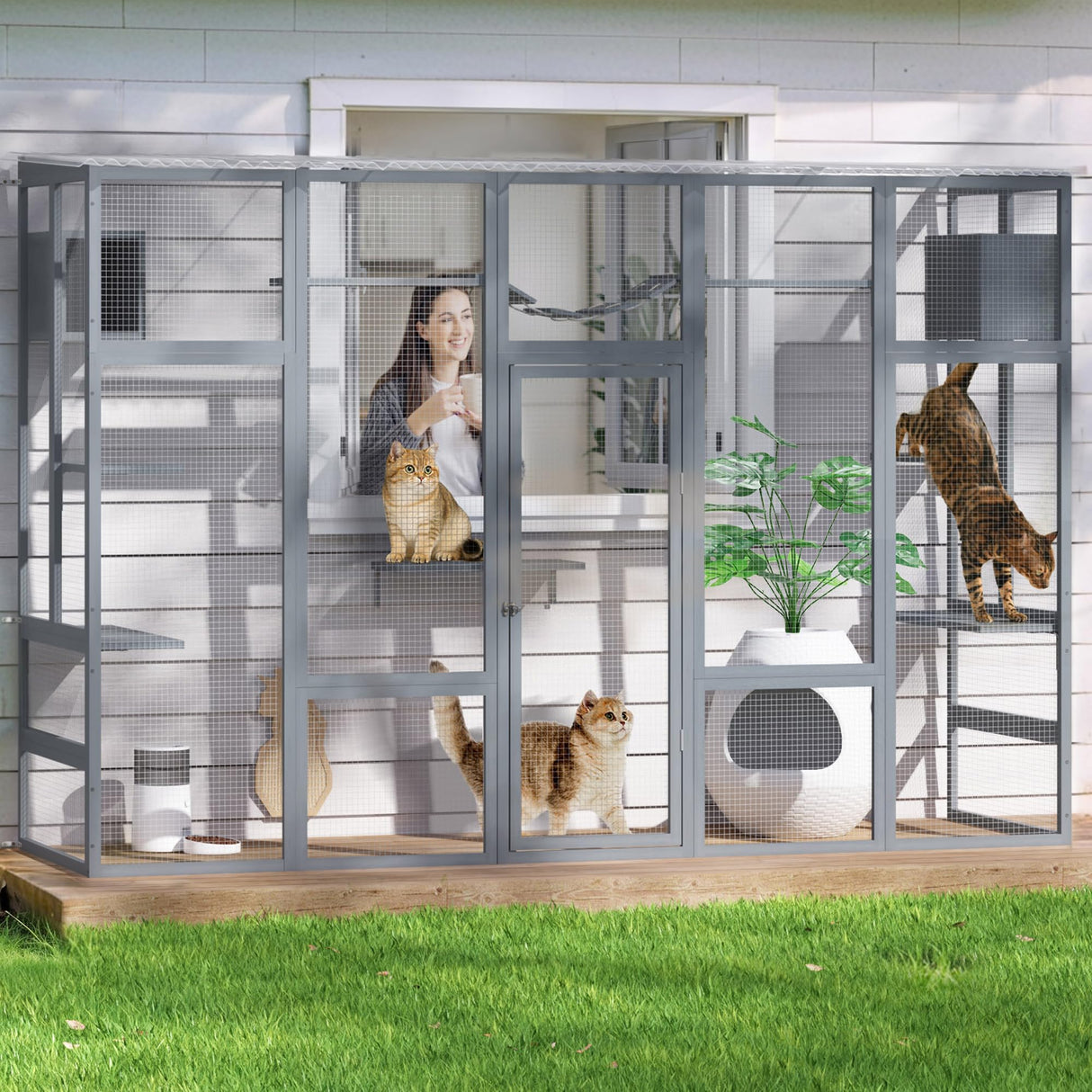 COZIWOW Catio Outdoor Cat Enclosure Window, 104" Wooden Large Catio Outside Cattery for Multiple Cats with Sloped Waterproof Cover, Grey COZIWOW