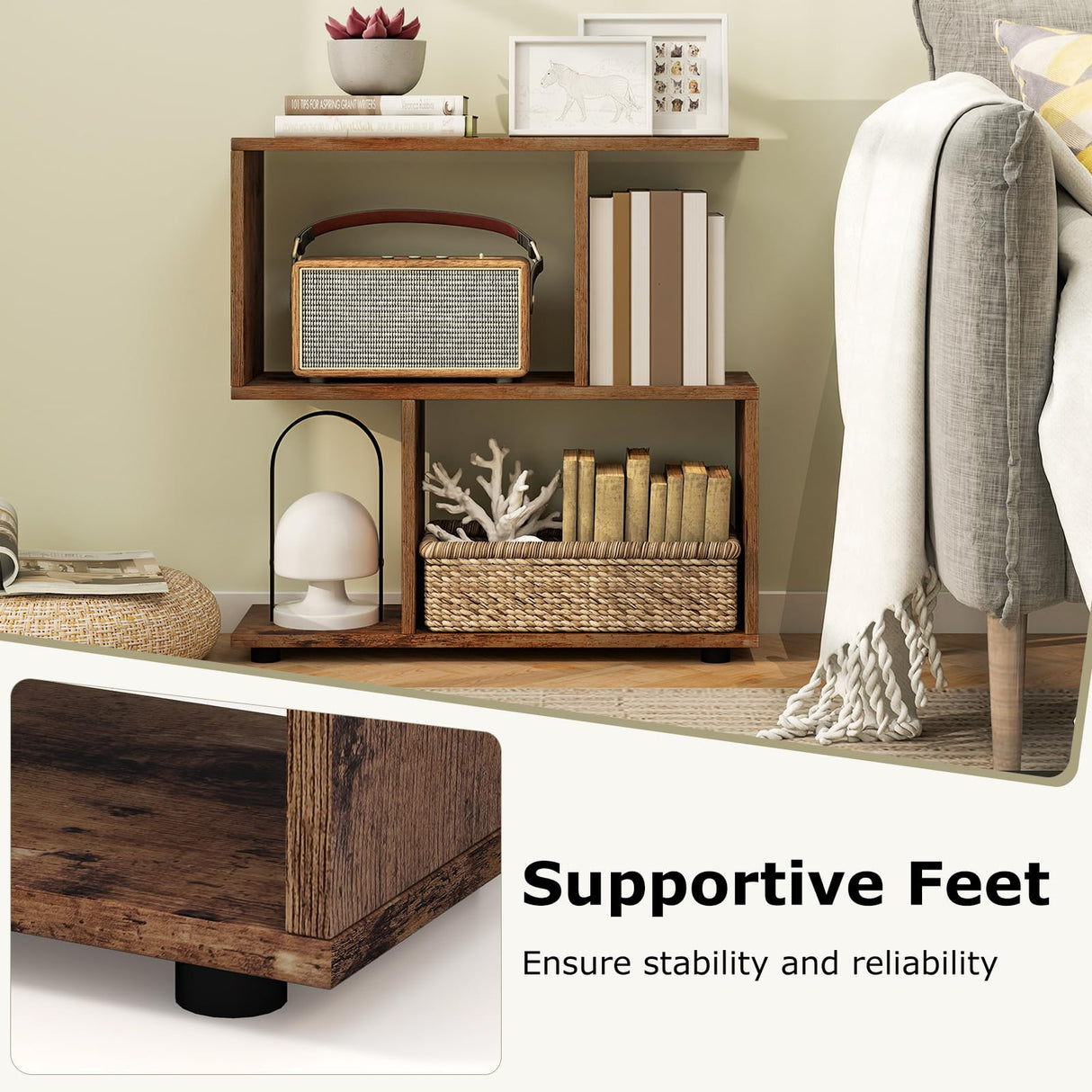 LOKO 3-Tier Geometric Bookshelf, S-Shaped Open Bookcase, Freestanding Decorative Storage Shelving, Home Storage Organizer for Living Room, Bedroom, Home Office (1, Rustic Brown) LOKO