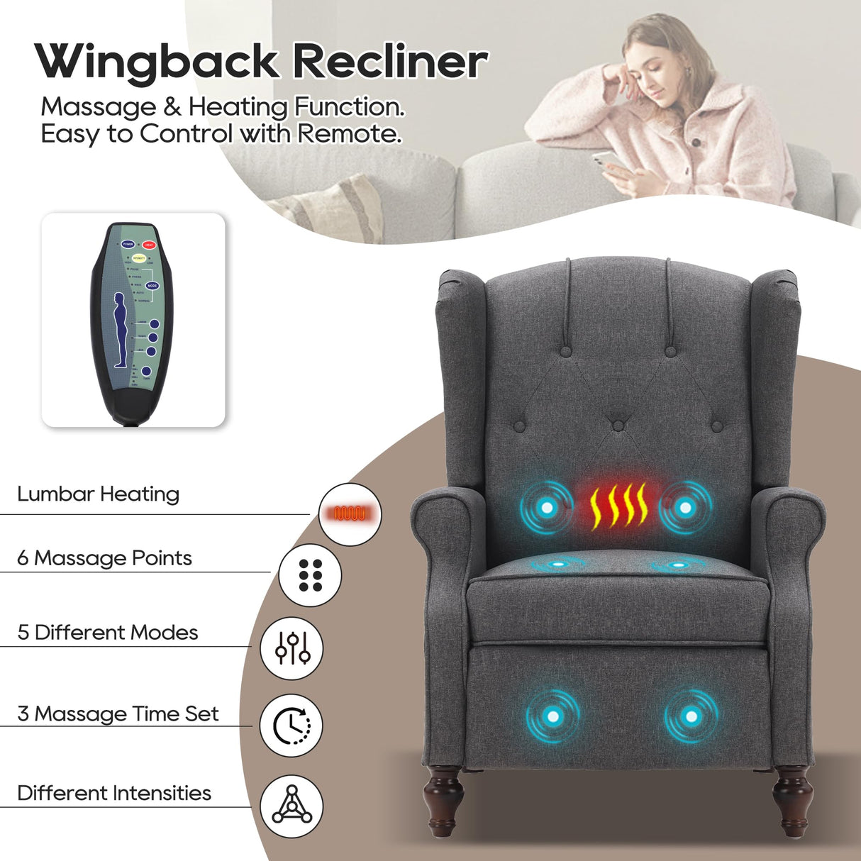Consofa Wingback Recliner Chair with Massage and Heat, Wingback Recliner Tufted Fabric Push Back Recliner Chair for Living Room, Vintage Wingback Chair with Remote Control, Padded Cushion, Wooden Legs Consofa