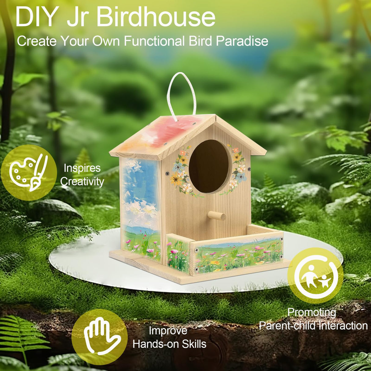 Bird House Kits for Adult, Wooden DIY Birdhouse Kit, Outdoor Woodworking Crafts Freestyle Painting, Arts and Crafts Projects with Paints & Brushes, Hanging Birdhouse for Garden Yard Decor Gifts Thick&Thin