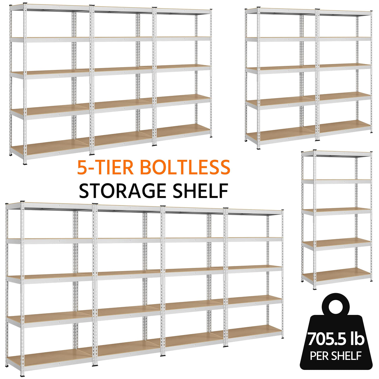 Topeakmart 4PCS 5-Tier Utility Shelves, Metal Storage Shelves Garage Shelving Unit Adjustable Garage Storage Shelves Storage Racks Heavy Duty Shed Shelving- Silver, 35.5 x 17.5 x 72 Inch Topeakmart