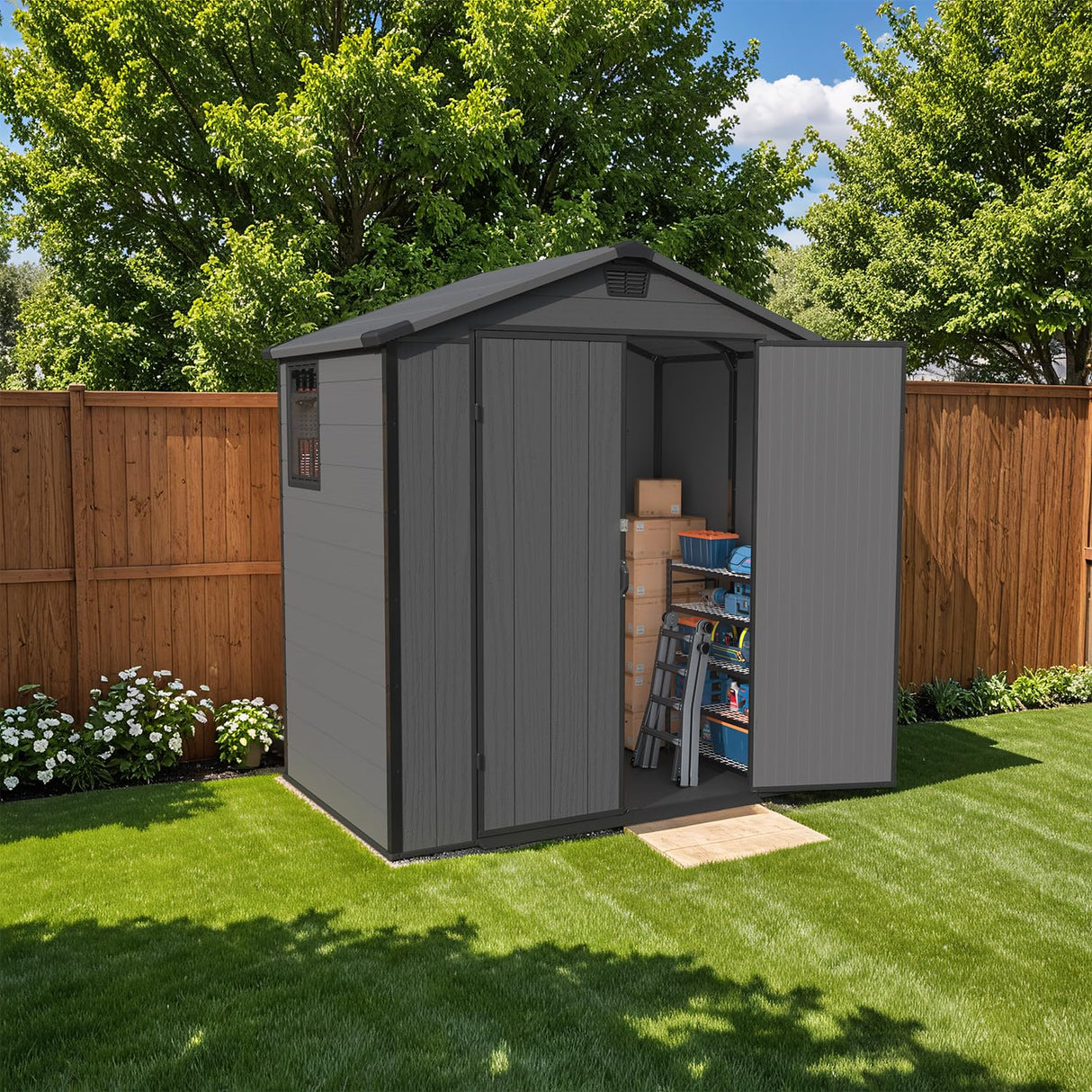 Patiowell 6 x 4 FT Plastic Outdoor Storage Shed with Floor, Resin Outside Tool Shed with Window and Lockable Door for Backyard, Garden, Tool Storage Use, Easy to Install, Dark Grey Patiowell