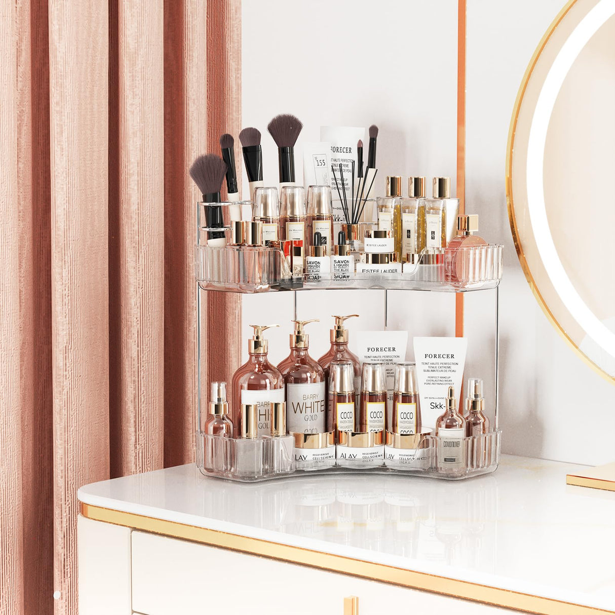 Asayuee 2-Tier Corner Bathroom Counter Organizer with Top Toothbrush Holders,Large Makeup Organizer Countertop with Brush Holder,Skincare Organizers Corner,Exquisite Vanity Organizer(Clear, 2 Tier) Asayuee