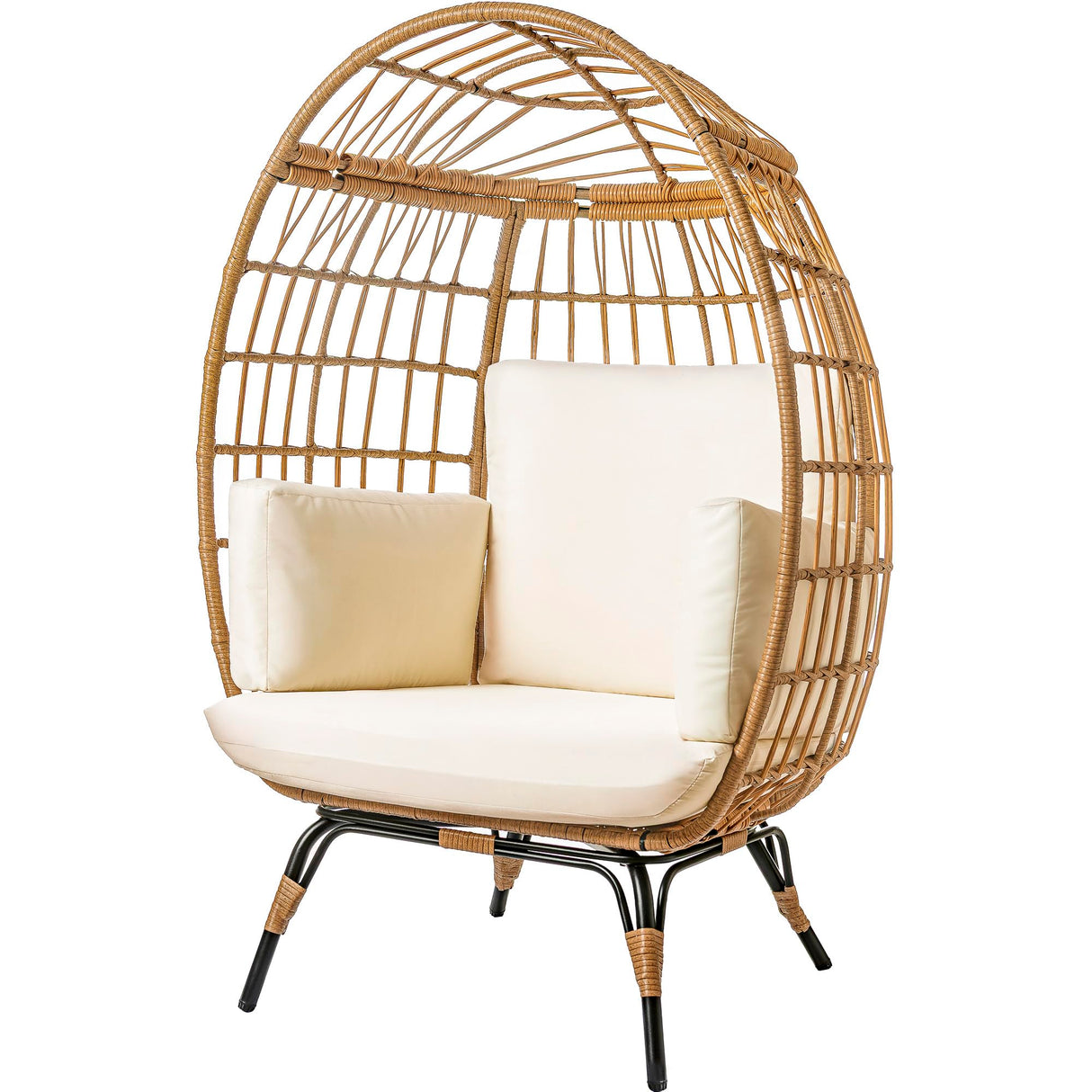 Maple99 Wicker Egg Chair Outdoor - Patio Chair, Rattan Chair, Wicker Chair PE Rattan Perfect for Backyard Lounger, & Balcony, Garden, Indoor, Steel Frame, Ivory, Maple99