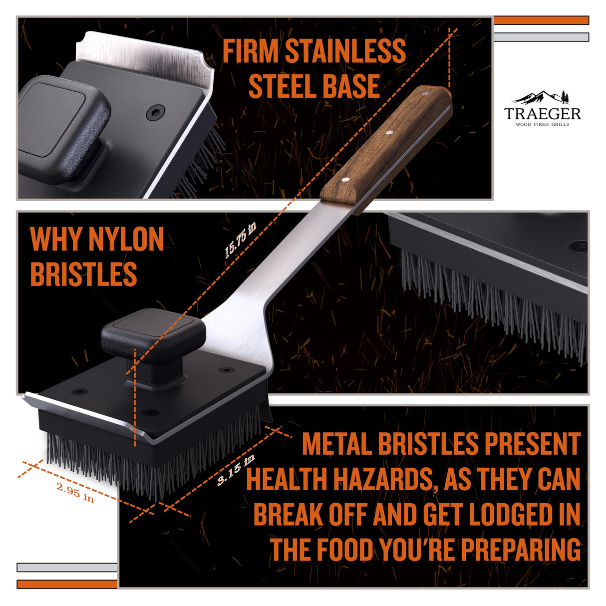 Traeger Grills BAC537 BBQ Cleaning Brush for Outdoor Grill – Stainless Steel Grill Scraper with Nylon Bristles, Teak Wood Handle, Dual Grip Design, and Hanging Loop Traeger