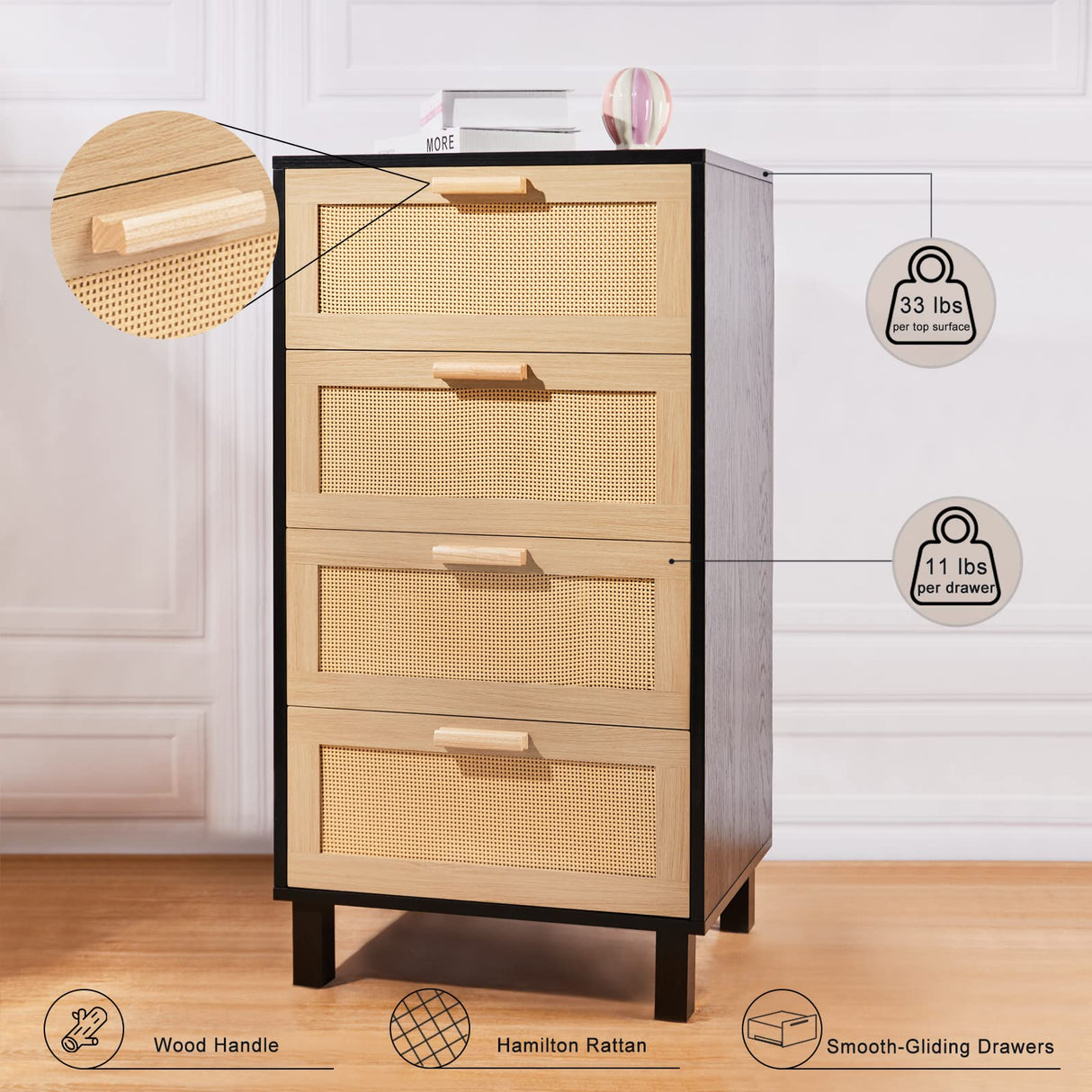 Graficial 4 Drawer Dresser, Dresser for Bedroom, Rattan Chest of Drawers, Tall Bedside Storage Dresser for Bedroom,Living Room, Black/Oak Graficial