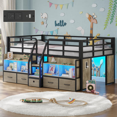 BYSAUD Twin Loft Bed, Low Loft Bed Twin with 5 Drawers, 6 Storage Bookcase & Under-Bed Play Space, Loft Beds for Kids with LED Lights & Charging Station, 15.8" H Safety Guardrails, Oak Gray