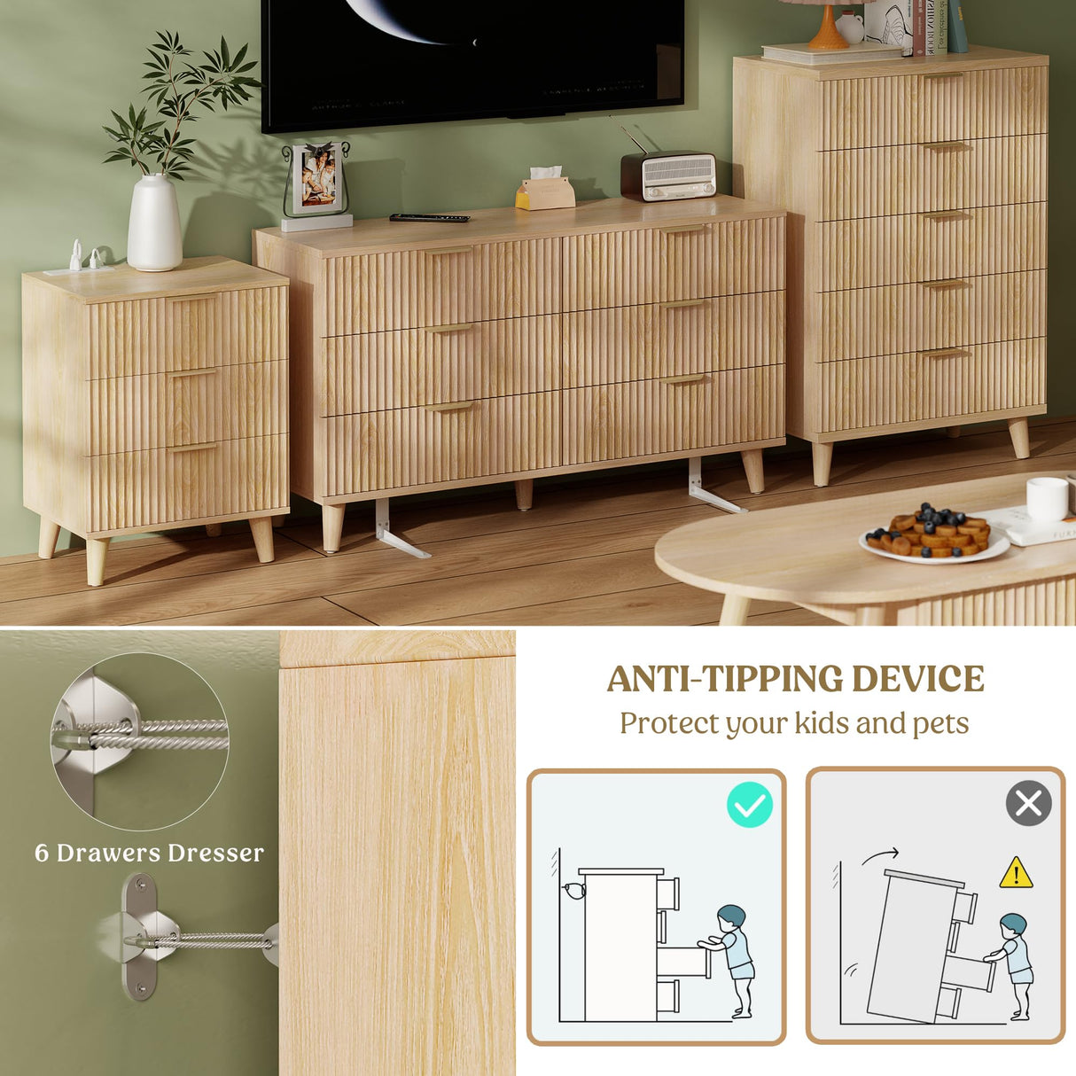 Lulive Dresser for Bedroom Wood Dressers Chest of Drawers, Fluted 53.2" Wide Modern Long Dresser TV Stand 6 Drawers for Bedroom, Closet, Living Room, Hallway (Natural) Lulive