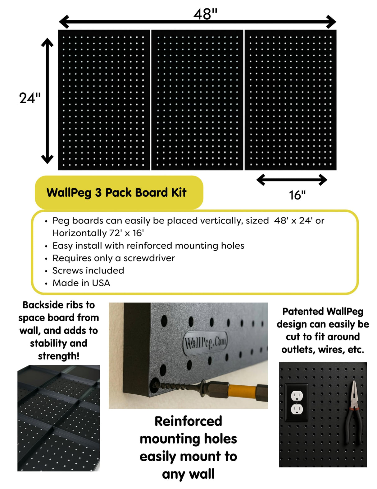 WallPeg 24" x 48" Pegboard Wall Organizer - Kit (PK-312-B) Peg Board Organizer Accessories for Garage pegboard Storage, Tool & Craft Organization with Pegboard. Hooks, and Peg Board Bins WallPeg