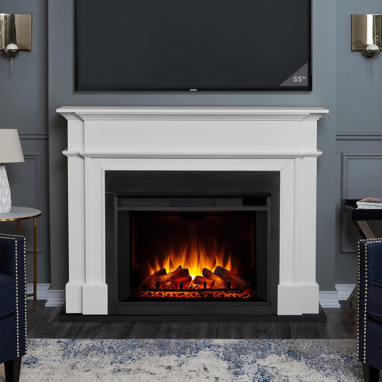Real Flame Harlan 55” Electric Fireplace with Mantel for Living Room or Bedroom, Replaceable Fireplace Insert Heater, Realistic Log and Flame Effect, Remote Control, Timer, White Real Flame