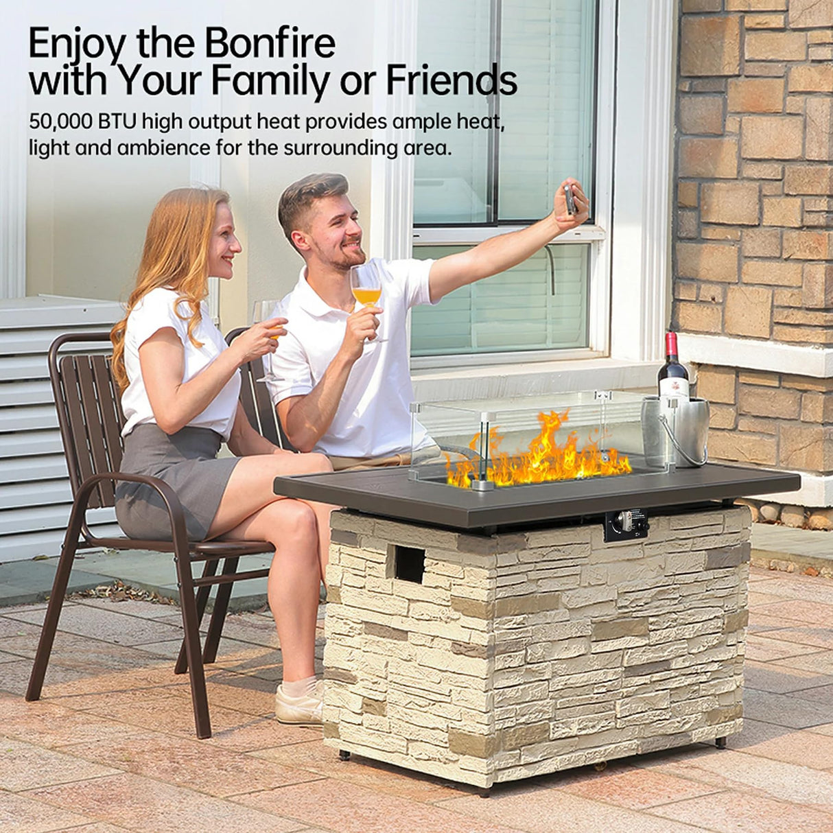 PIZZELLO Outdoor 43 Inch Outdoor Fire Pit Table, 50,000 BTU Rectangle Propane Fire Pit with Glass Wind Guard, Rain Cover, Removable Lid, Matching with Outdoor Furniture Sets, CSA Certified (Buff) PIZZELLO