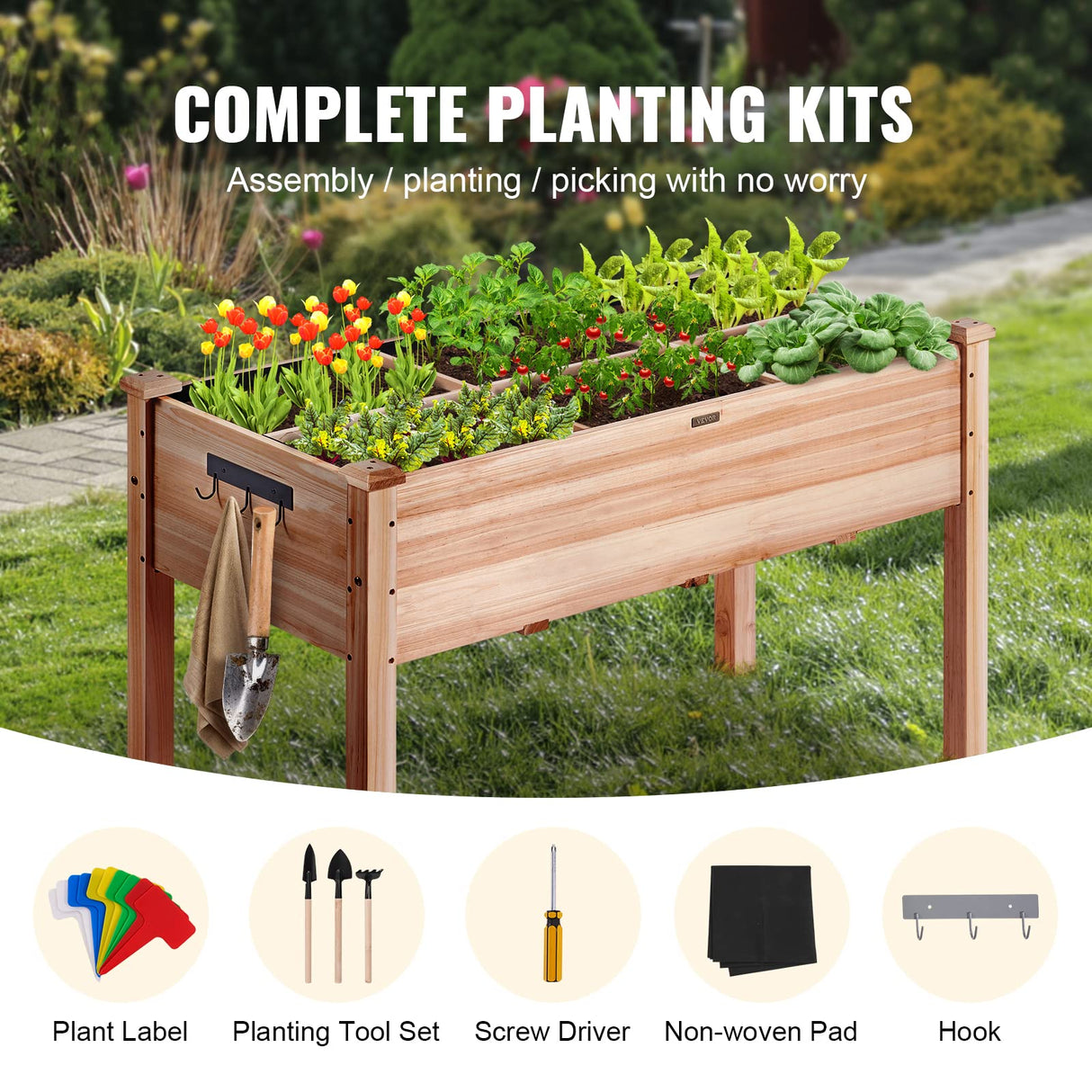 VEVOR Raised Garden Bed 48x24x30in with Sturdy Legs, High End Natural Fir Wood Planter Box Elevated Planting Stand for Backyard/Garden/Patio/Balcony w/Non -Woven Liner & 1 Set of Tool, 220lb Capacity VEVOR