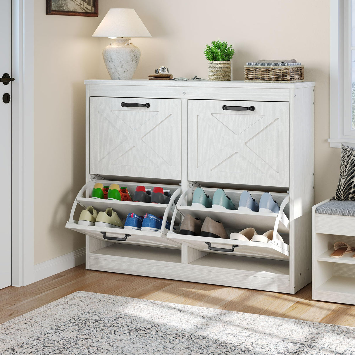 YITAHOME Shoe Cabinet with 4 Flip Drawers, Freestanding Shoe Rack, Shoe Organizer, Narrow Shoe Cabinet for EntryWay Hallway Living Room, White YITAHOME