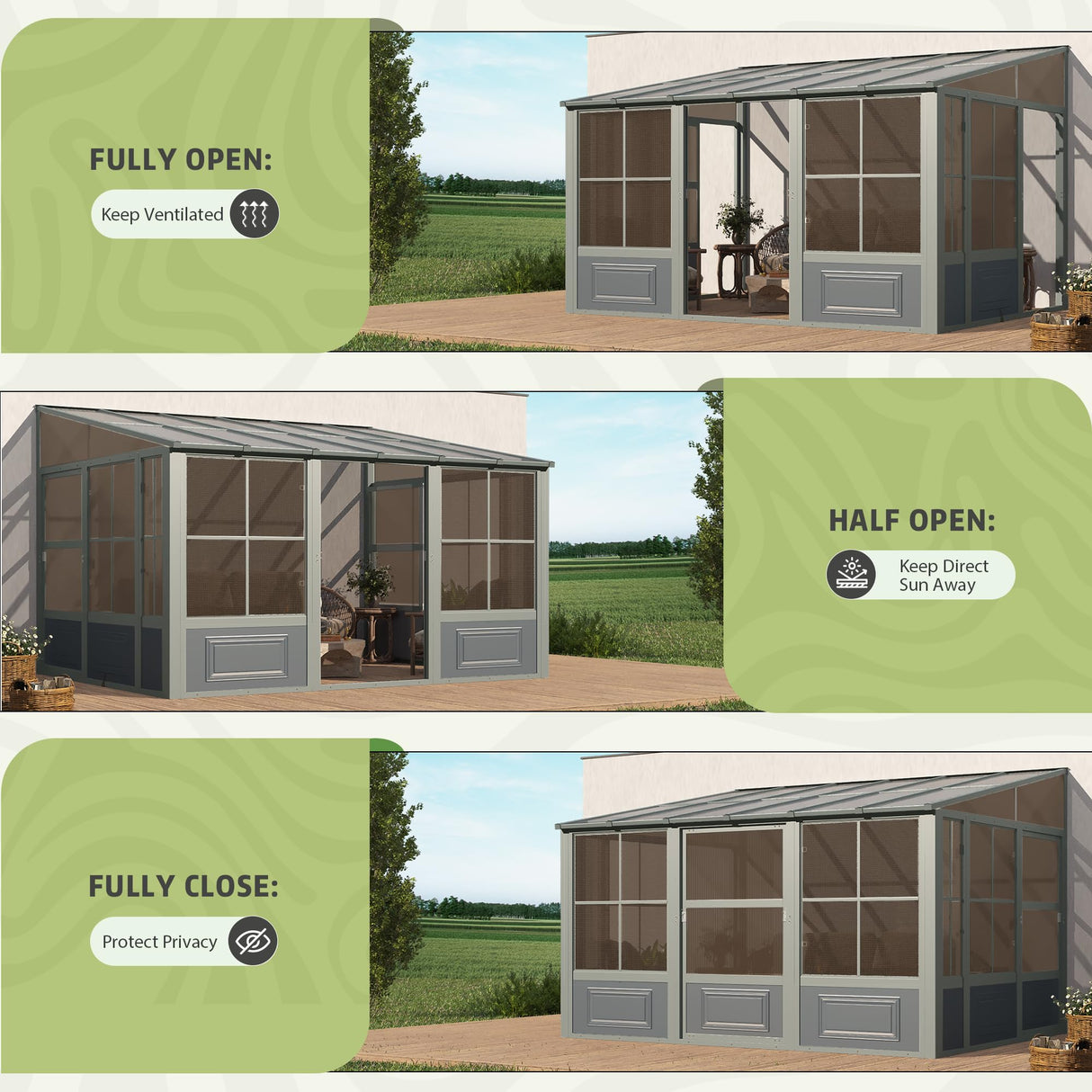 EROMMY 10' x 12' Sunroom, Wall Mounted Gazebo Solarium with Aluminum Frame, Polycarbonate Roof, Permanent Sun Room with Sliding Doors, Lockable PC Screen Walls, Lean to Gazebo for Garden, Patio, Deck EROMMY